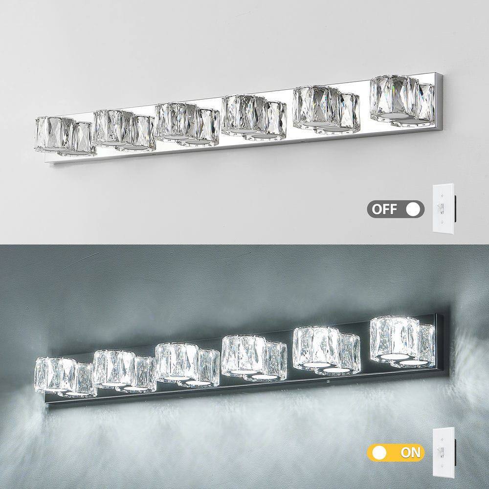 Alt View 6. Kadyn - 41" Modern Crystal 6-Light LED Wall Sconce – Elegant Chrome Bathroom Vanity Light with Clear Crystal Shades, Chrome - Silver.
