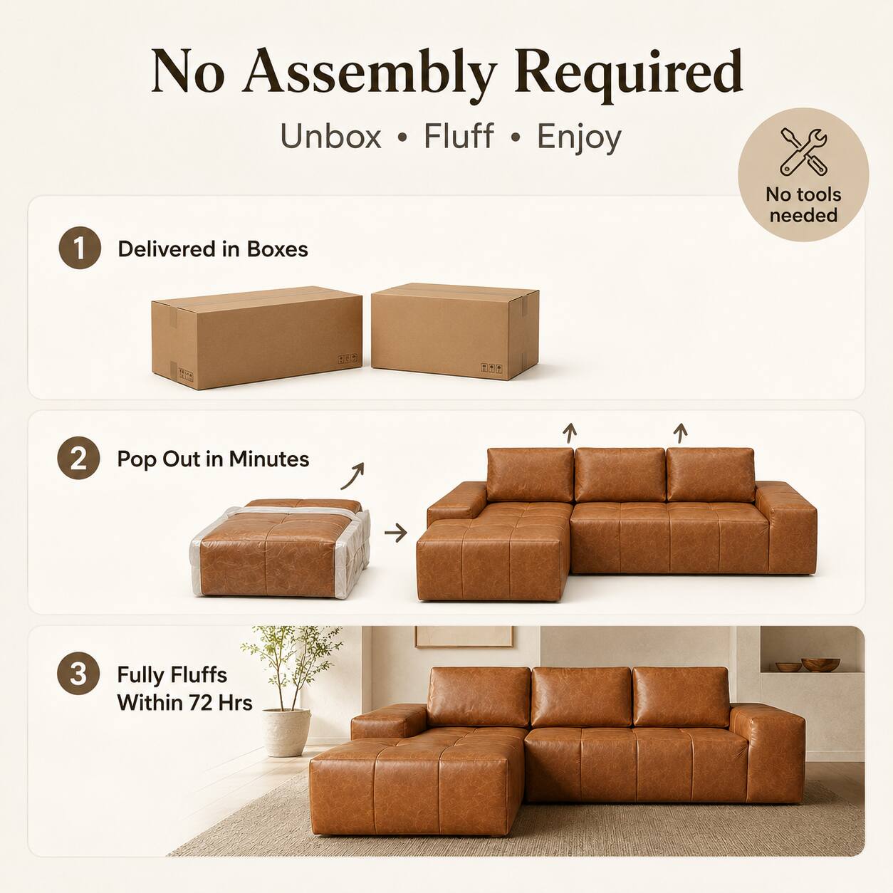 No Assembly Required  
Unbox • Fluff • Enjoy  

1. Delivered in Boxes  
2. Pop Out in Minutes  
3. Fully Fluffs Within 72 Hrs  

No tools needed