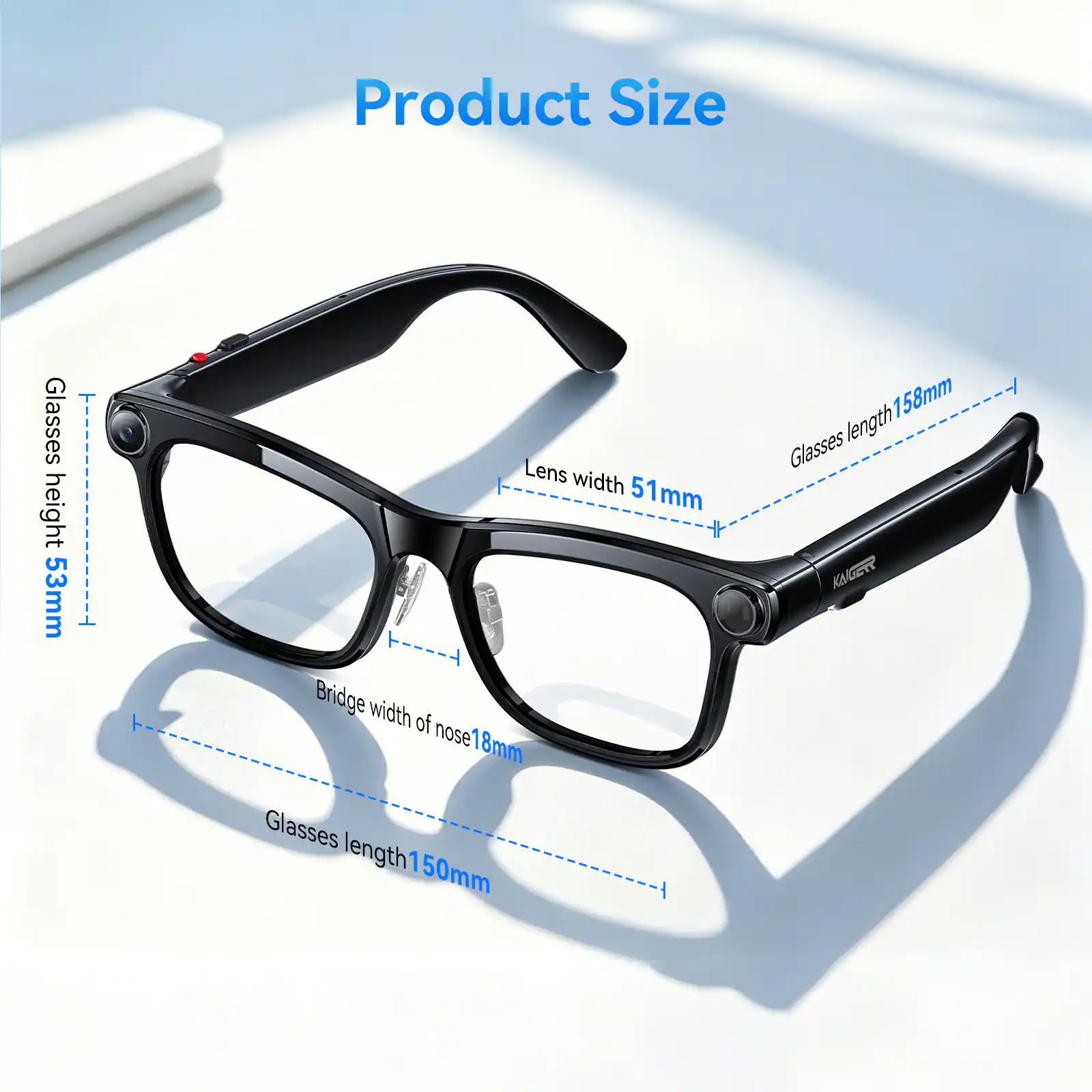 Product Size  
Glasses height: 53mm  
Lens width: 51mm  
Bridge width of nose: 18mm  
Glasses length: 150mm  
Glasses length: 158mm