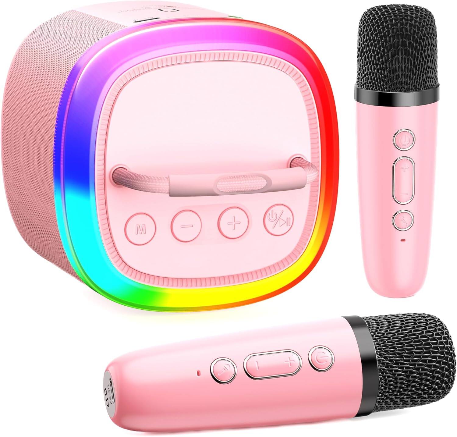 Stamp n Camp - Mini Karaoke Machine, Portable Bluetooth Speaker with Microphone for Kids Singing Home Party, Christmas Halloween Music - Pink 2 Mic