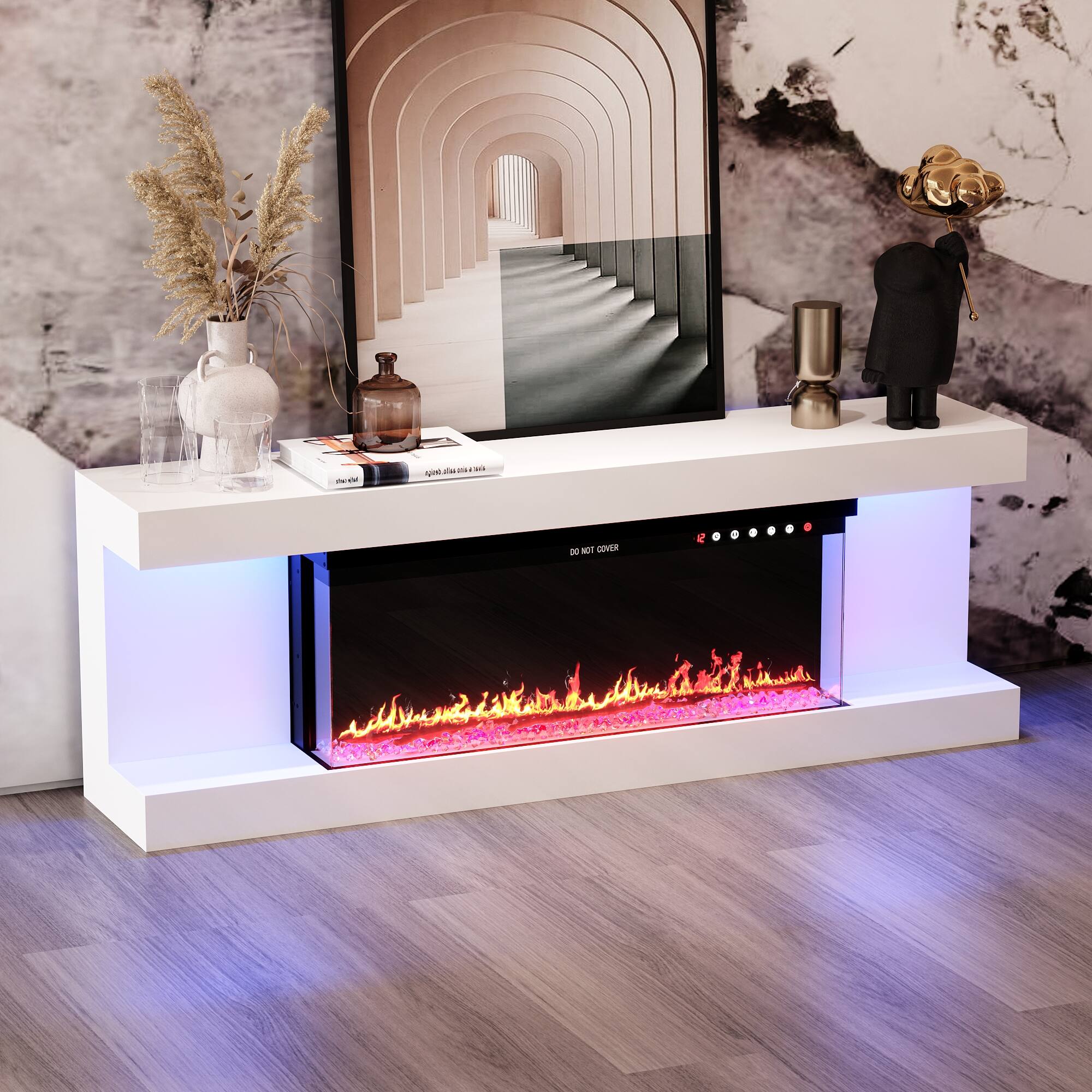 Left. Famapy - Upto 65" TV Stand with Electric Fireplace and LED Lights, Entertainment Center with Storage for Living Room Heating - White & Black.