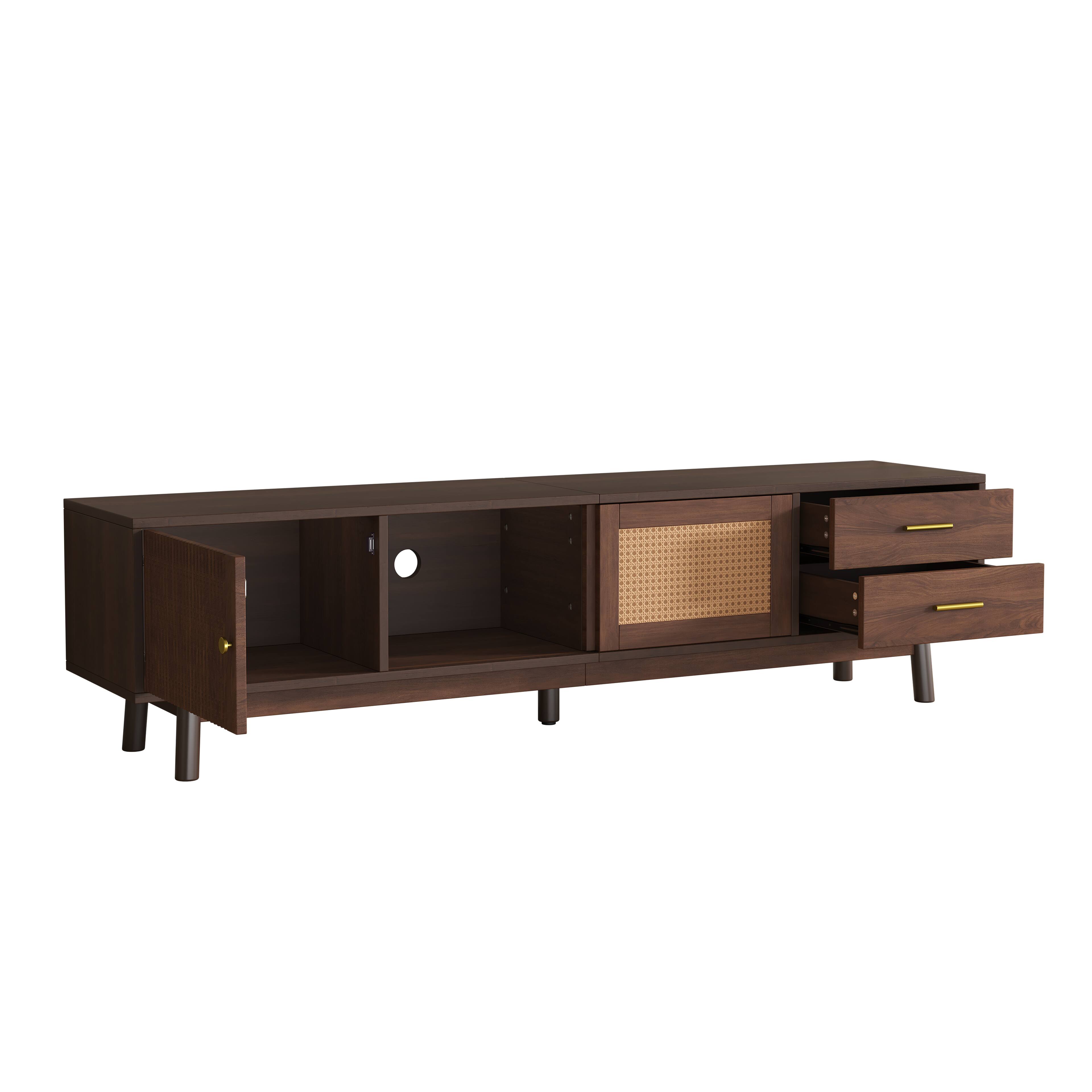 Back. Whisen - Mid Century Modern 80" TV Stand, Entertainment Center with Sliding Doors and Drawers for Living Room - Dark Brown.