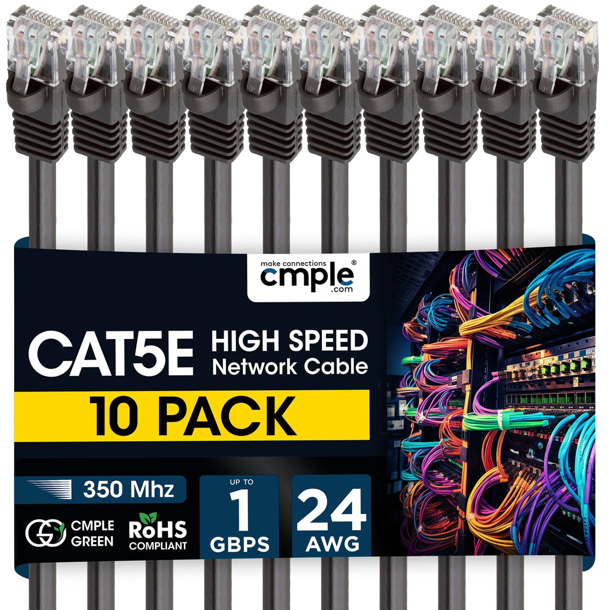 Cmple.com - Cmple - 10 Pack Cat5e Ethernet Cable 1.5ft Internet Cables, RJ45 Connectors 1Gbps LAN Patch Cord 350Mhz Wire - Black