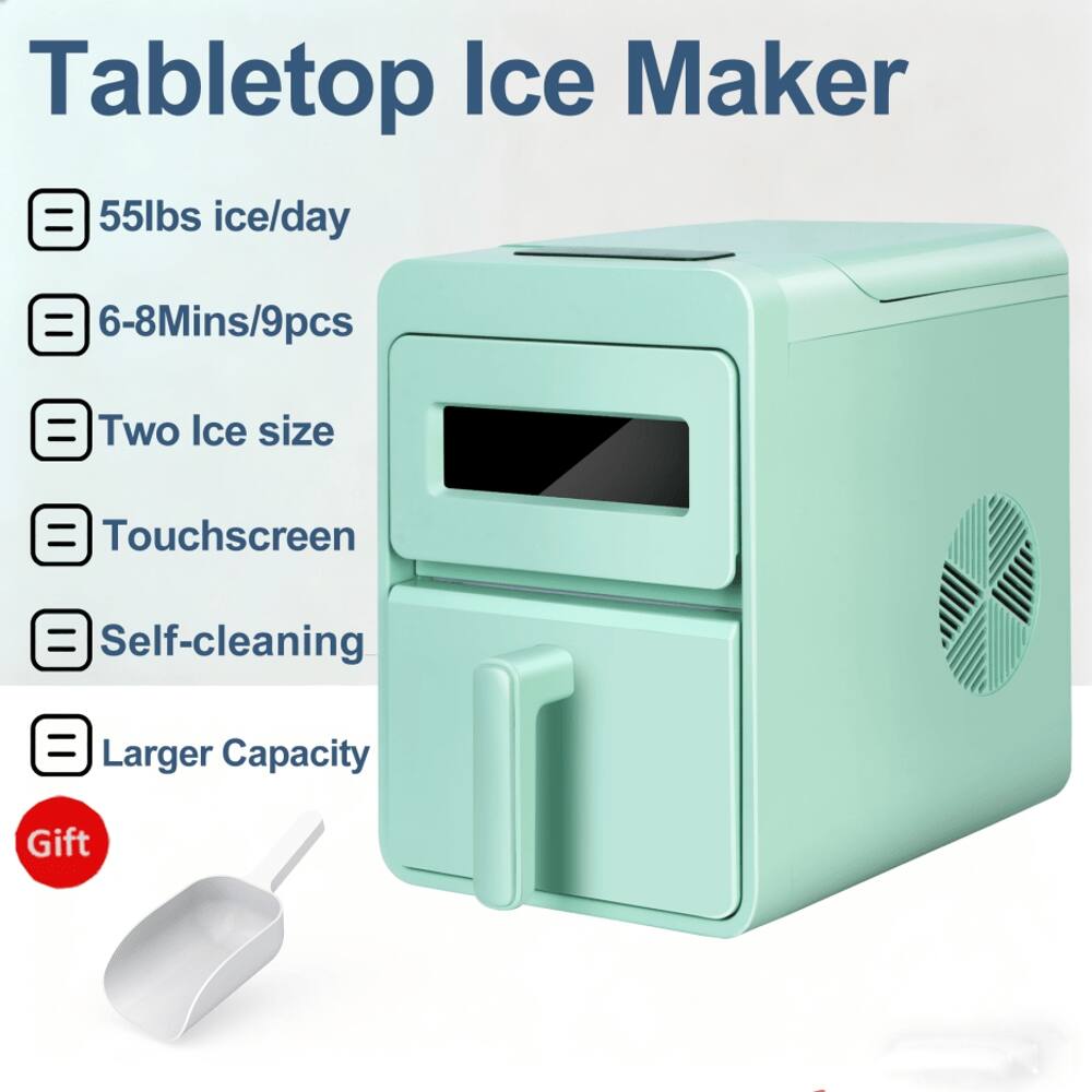 Tabletop Ice Maker  
55lbs ice/day  
6-8Mins/9pcs  
Two Ice size  
Touchscreen  
Self-cleaning  
Larger Capacity  
Gift