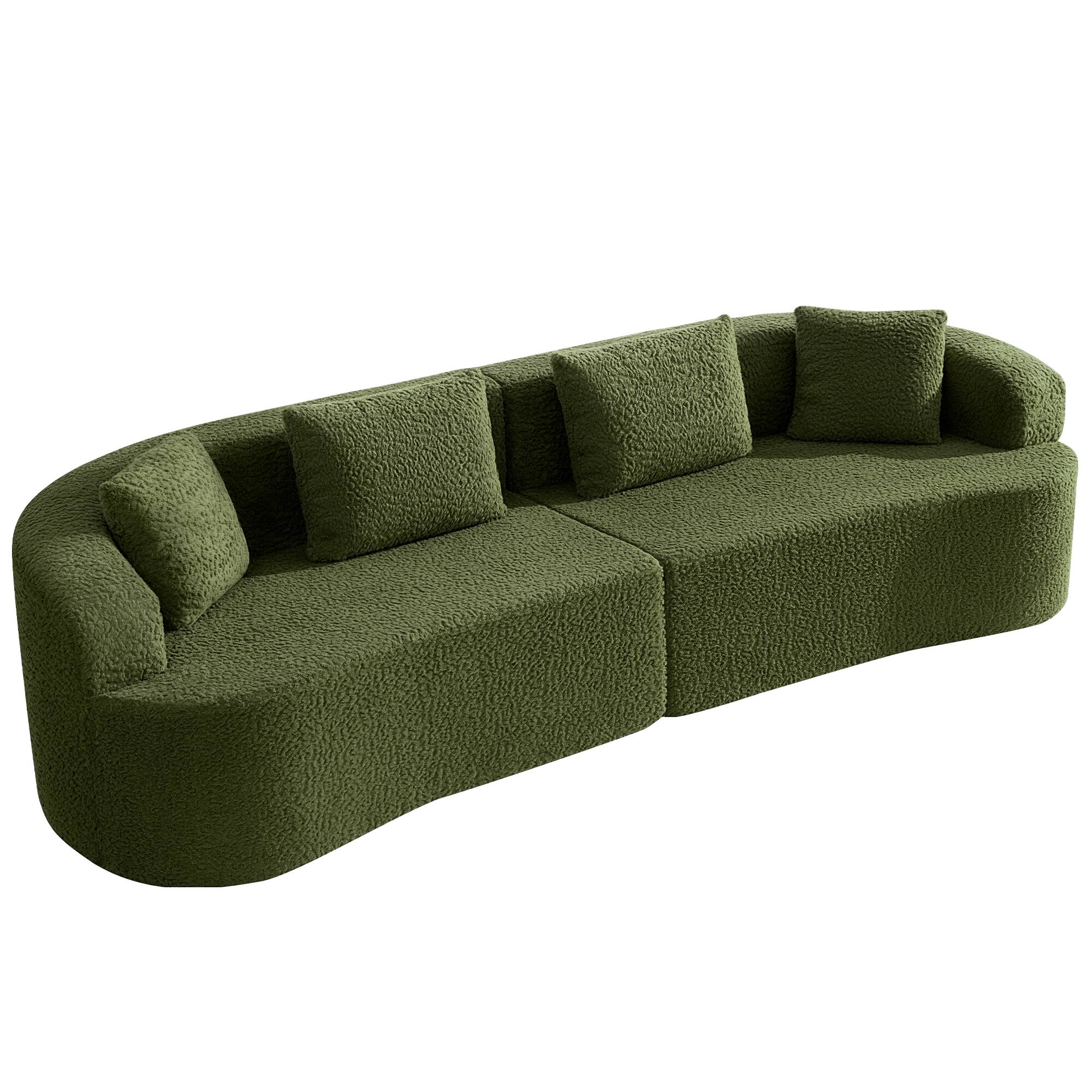 Angle. Brick Attic - 113 Wide Boucle Upholstered Curved Sofa with 4 Pillows,High Denslysponge  Half Moon Living Room Sofa - Green.