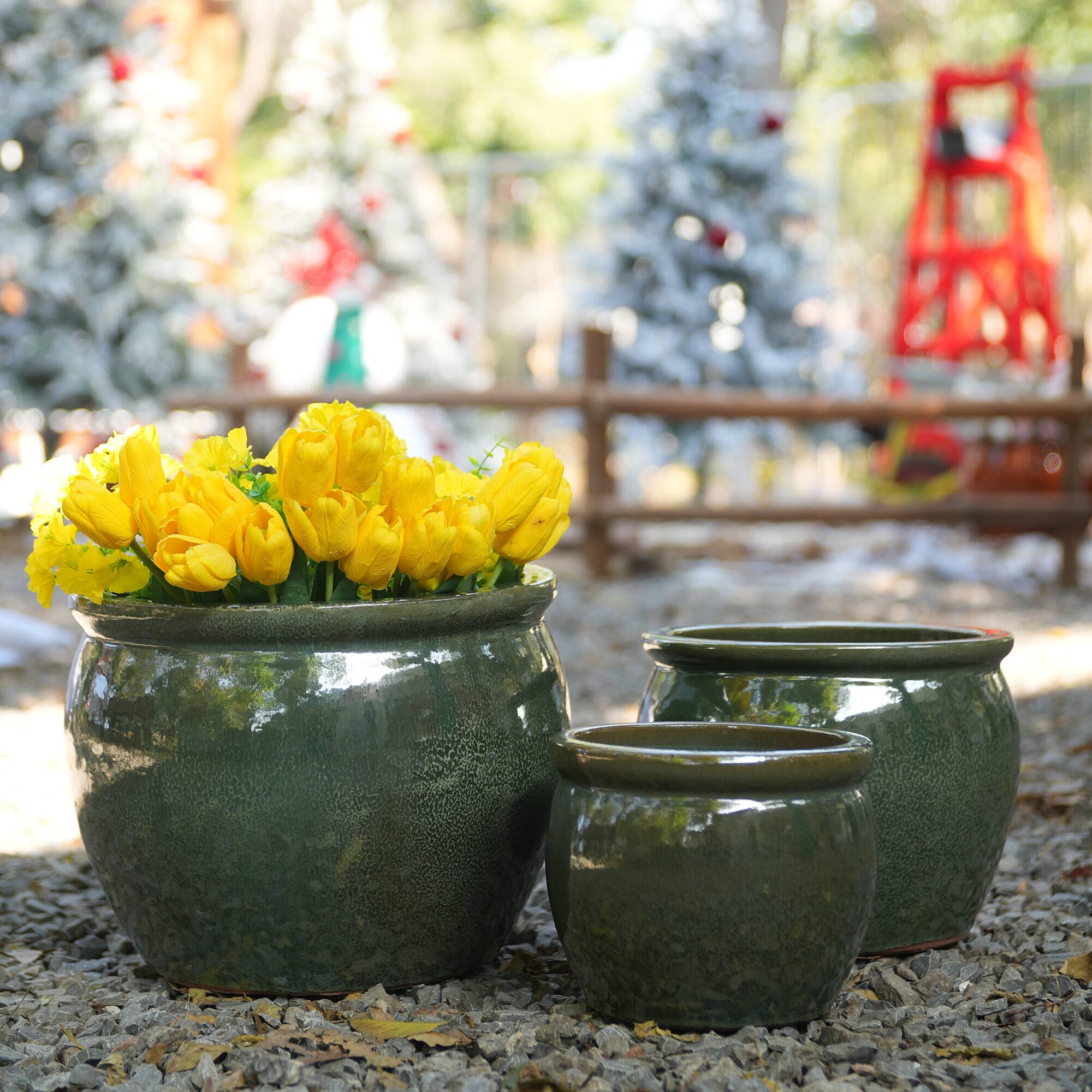 Left. Loheer - Loheer Ceramic Planter Set, Handmade Dark Green Glazed Clay Pots with Drainage, Set of 3 for Indoor Outdoor Plants.