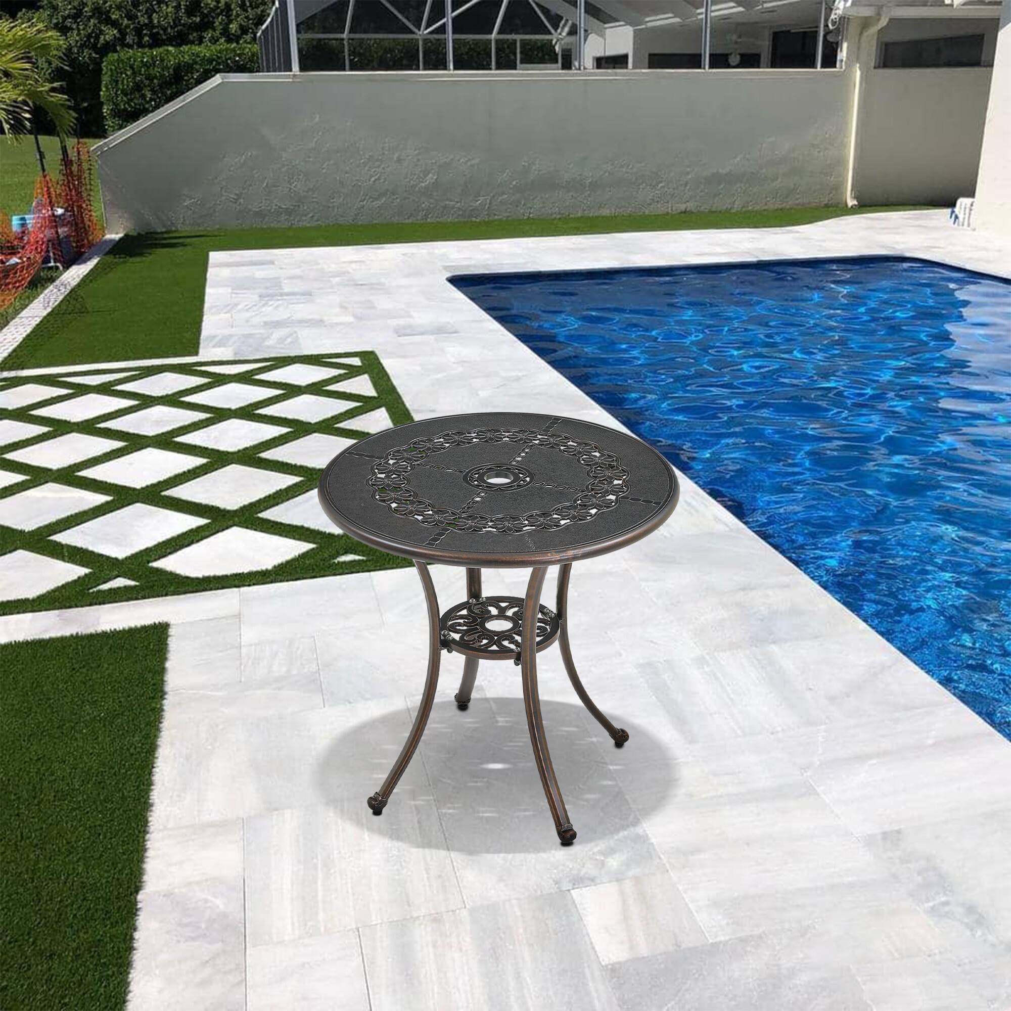 Left. Mondawe - Round Patio Table with Umbrella Hole - Bronze.