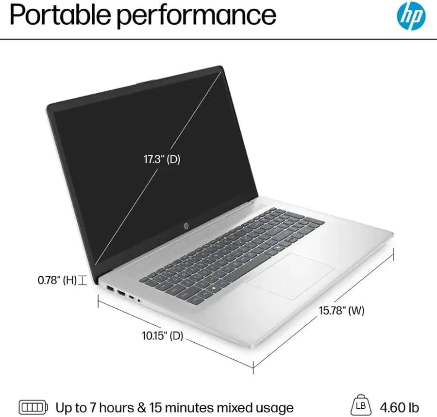 Portable performance  
17.3" (D)  
0.78" (H)  
15.78" (W)  
10.15" (D)  
Up to 7 hours & 15 minutes mixed usage  
4.60 lb