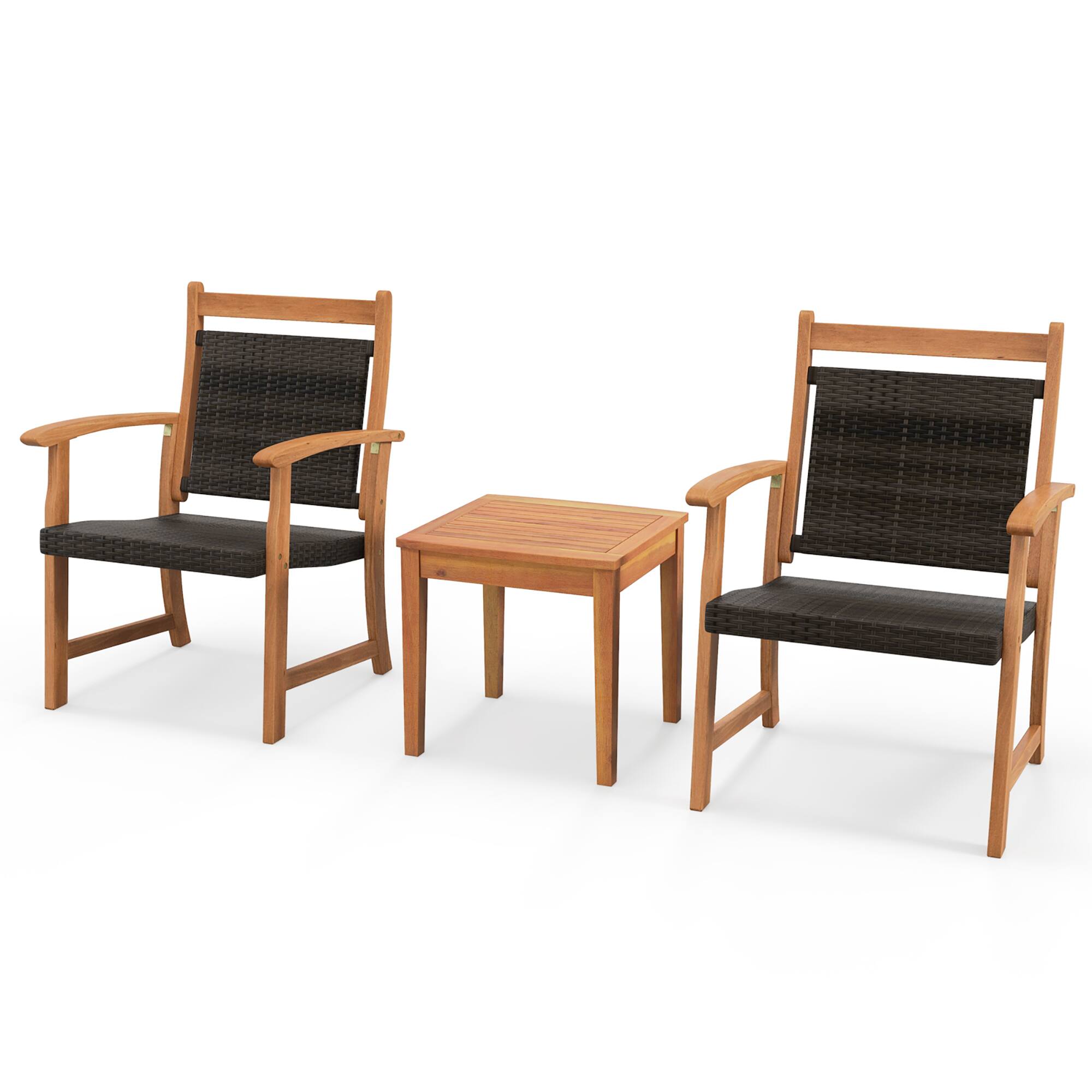 Alt View 9. Gymax - Gymax 3 Piece Brown Wicker Bistro Set Patio Chair Set of 2 w/ Acacia Wood Side Table - Reddish Brown.