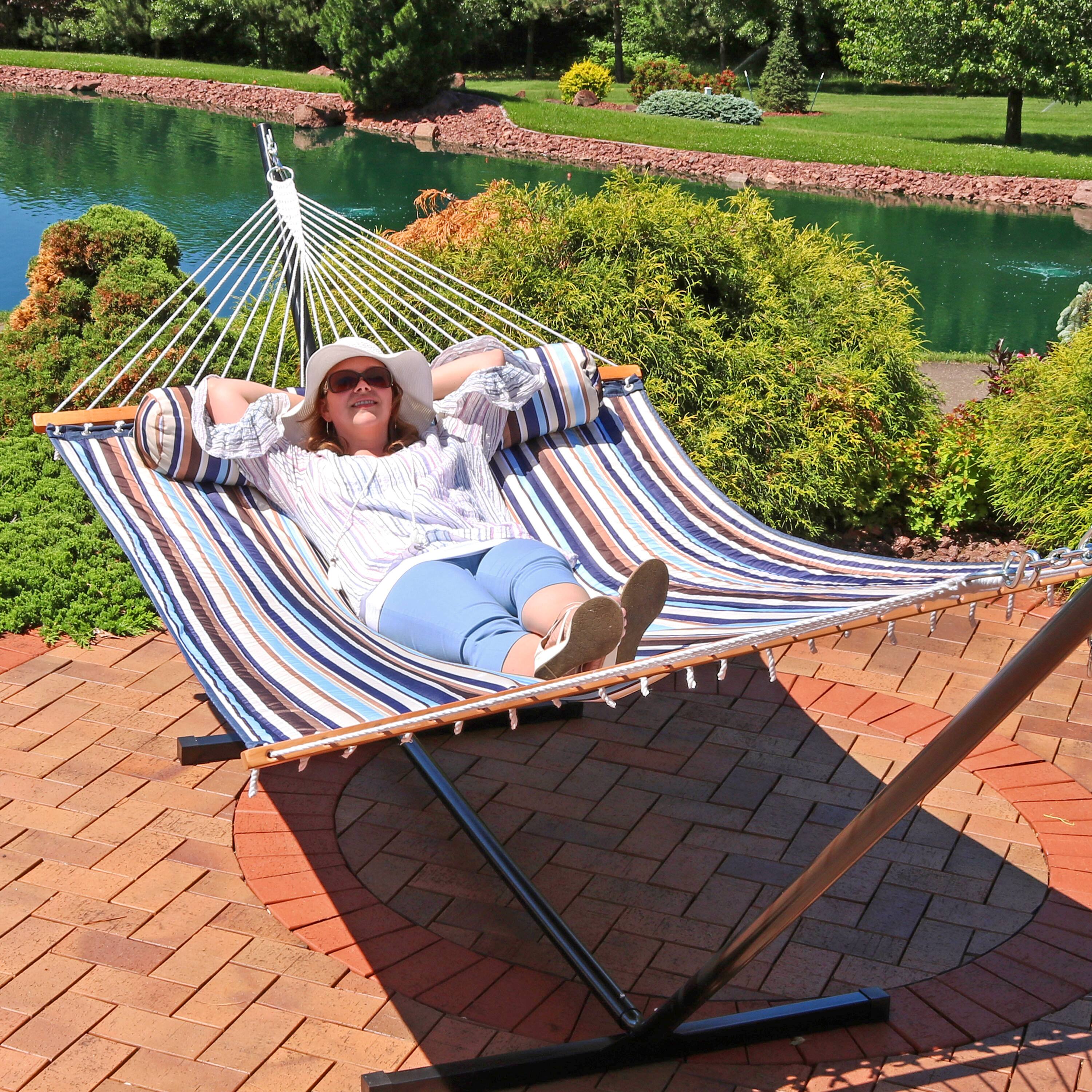 Alt View 8. Sunnydaze - Large Quilted Hammock with Spreader Bar and Pillow - Ocean Isle.