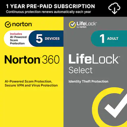 1 YEAR PRE-PAID SUBSCRIPTION
Continuous protection renews automatically each year
norton
Includes
AI-Powered Scam Protection
5 DEVICES
Norton 360
AI-Powered Scam Protection, Secure VPN and Virus Protection
LifeLock by norton
1 ADULT
LifeLock Select
Identity Theft Protection