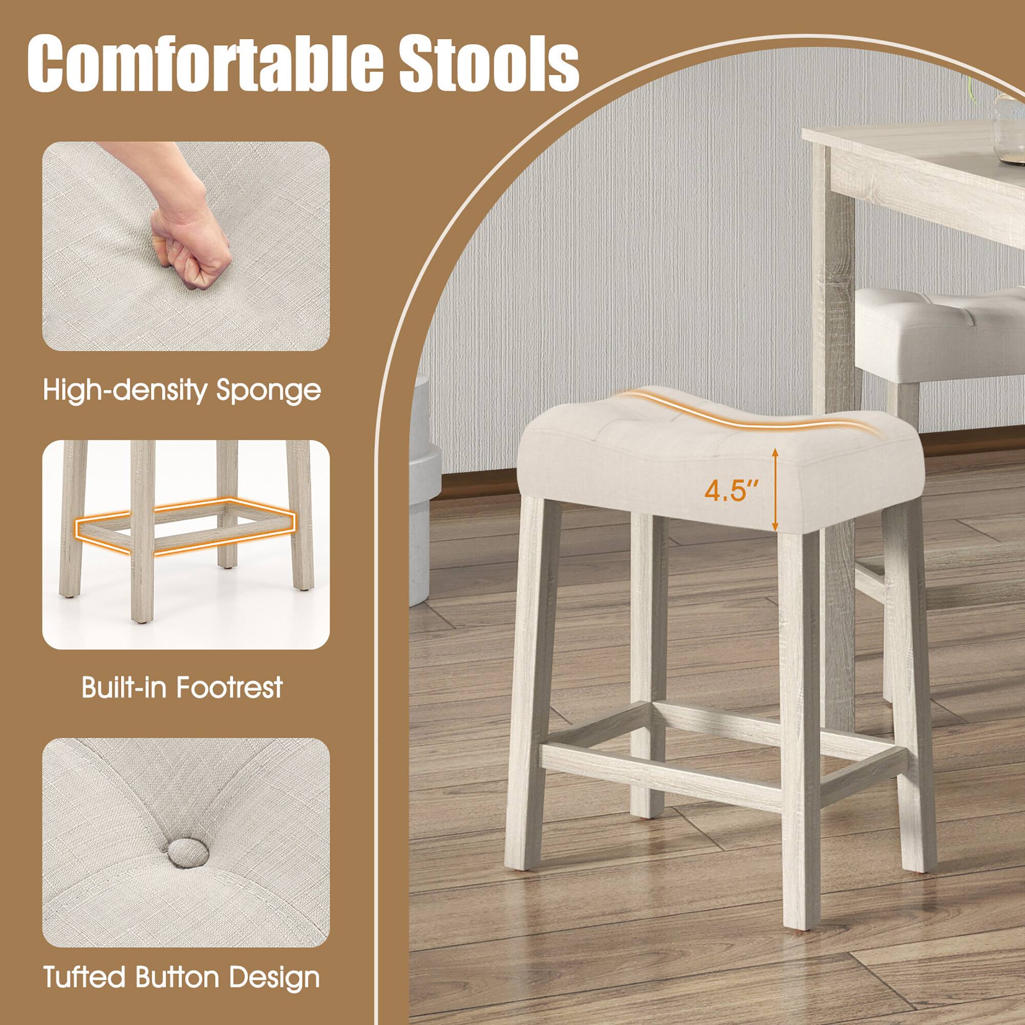 Comfortable Stools  
High-density Sponge  
4.5"  
Built-in Footrest  
Tufted Button Design