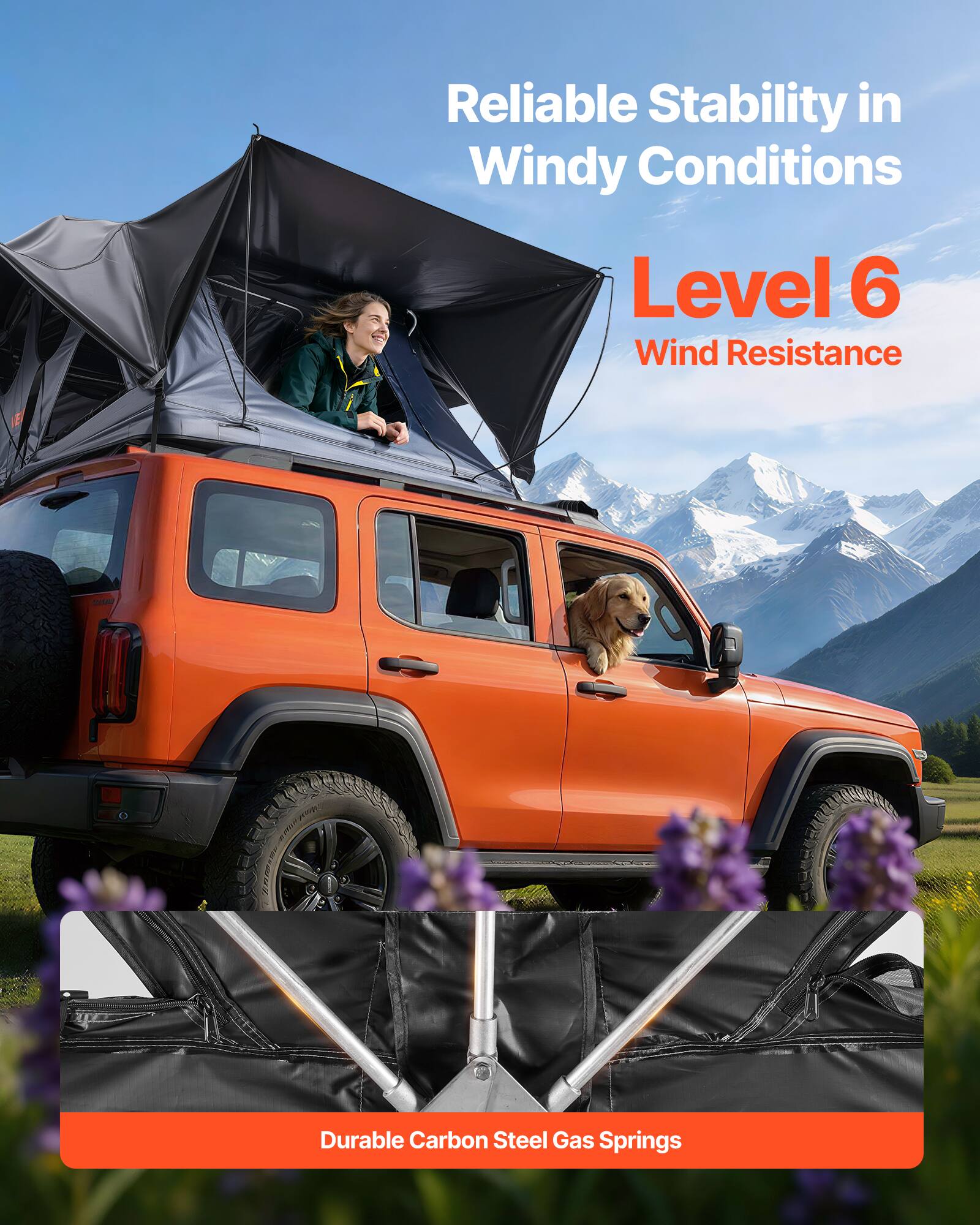 Reliable Stability in Windy Conditions  
Level 6 Wind Resistance  
Durable Carbon Steel Gas Springs