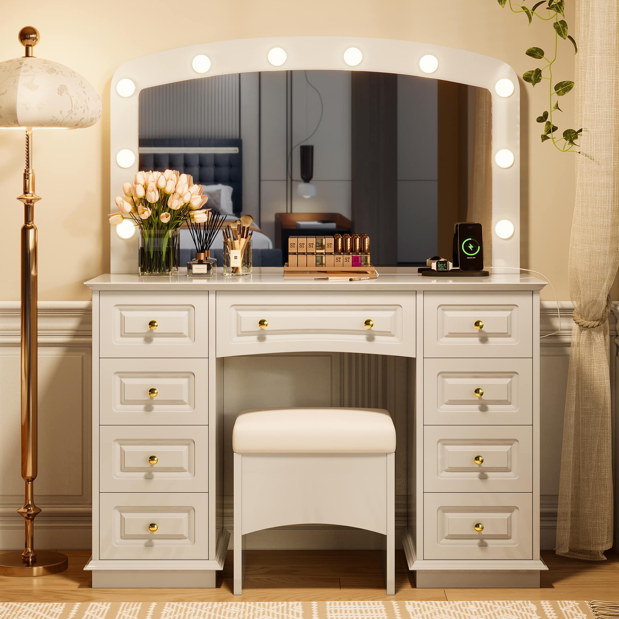 Front. Lirago - Luxurious White Wood Makeup Vanities Dresser Table Desk 53.54"H x 15.75"D x 44.2"W - White.