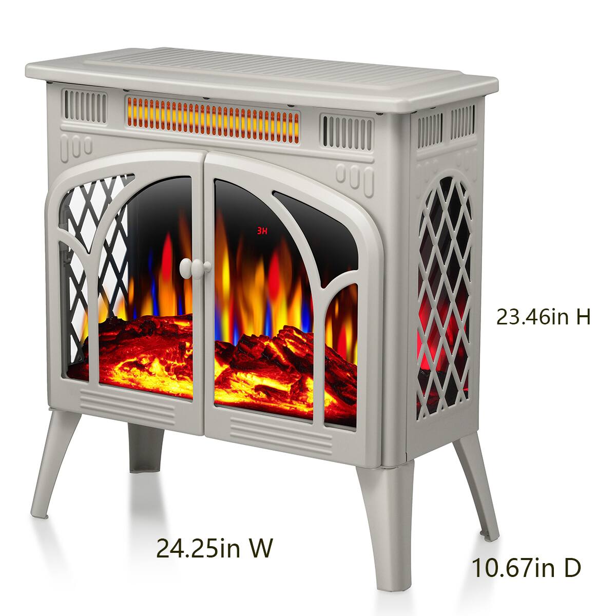 The dimensions of the heater are:

- Height: 23.46 inches
- Width: 24.25 inches
- Depth: 10.67 inches