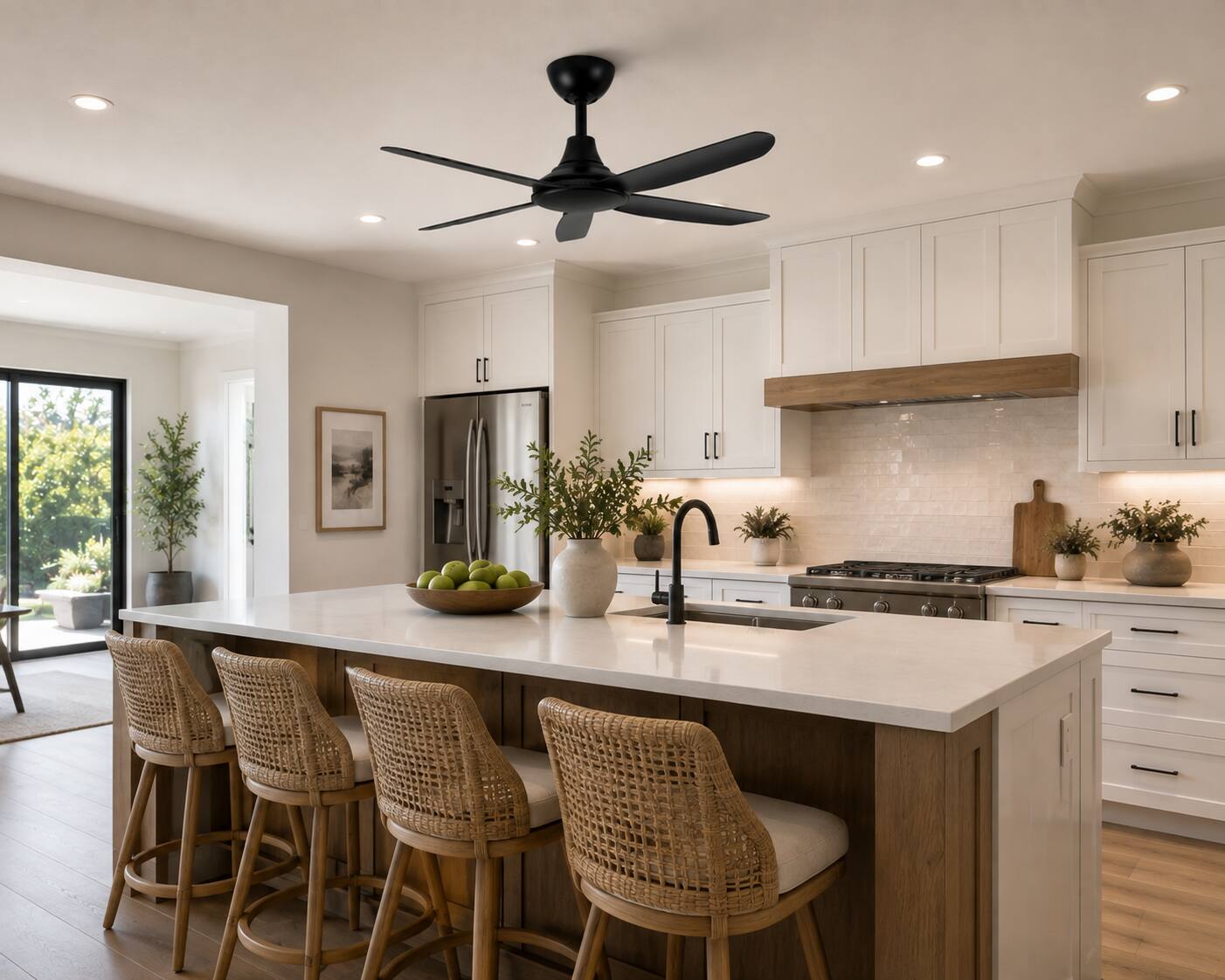 Back. ENLIGHT - 56" Smart Ceiling Fan, IP66 Outdoor/Coastal, Weather Resist, Efficient & Quiet DC Motor, Reverse Mode, Matter, 5 Blades - Matte Black.