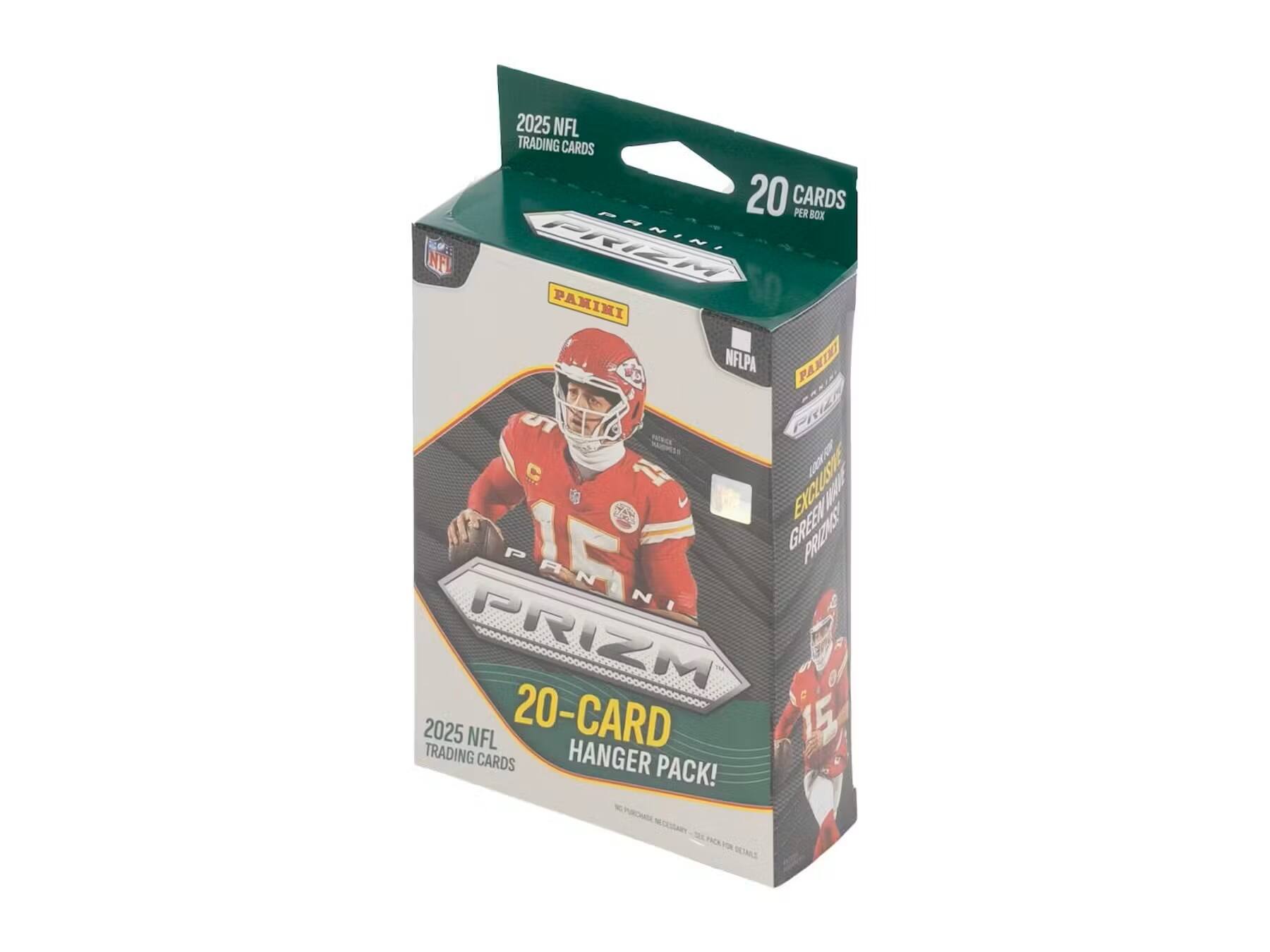 2025 NFL TRADING CARDS  
20 CARDS PER BOX  
PRICED PANINI NFL  
PAKINI NFLPA  
PANINI PRIZM  
2025 NFL 20-CARD TRADING CARDS HANGER PACK!