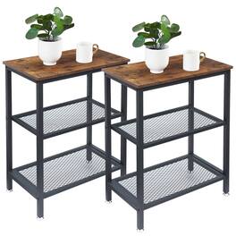 Vecelo - Industrial 3-Tier Tall Side Table with Storage Shelves, Vintage Wood and Metal End Table for Living Room, Bedroom - 2*Brown