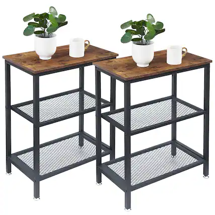 Front. Vecelo - Industrial 3-Tier Tall Side Table with Storage Shelves, Vintage Wood and Metal End Table for Living Room, Bedroom - 2*Brown.