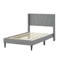 Costway Twin Bed Frame Modern Platform Bed with Linen Upholstered Wingback Headboard - Grey - Front_Zoom
