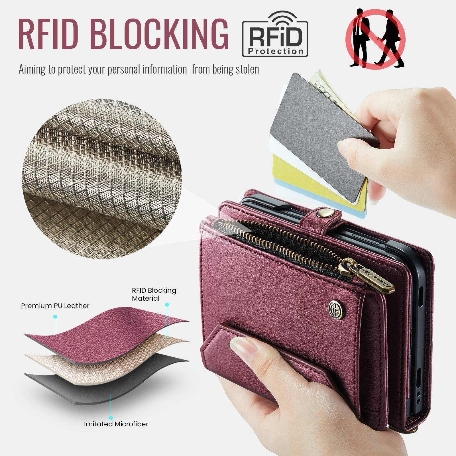 RFID BLOCKING  
Aiming to protect your personal information from being stolen

RFiD Protection

Premium PU Leather  
RFID Blocking Material  
Imitated Microfiber