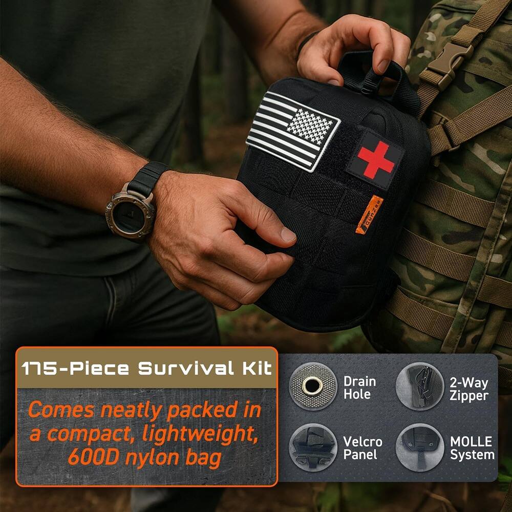 175-Piece Survival Kit  
Comes neatly packed in a compact, lightweight, 600D nylon bag  
- Drain Hole  
- Velcro Panel  
- 2-Way Zipper  
- MOLLE System