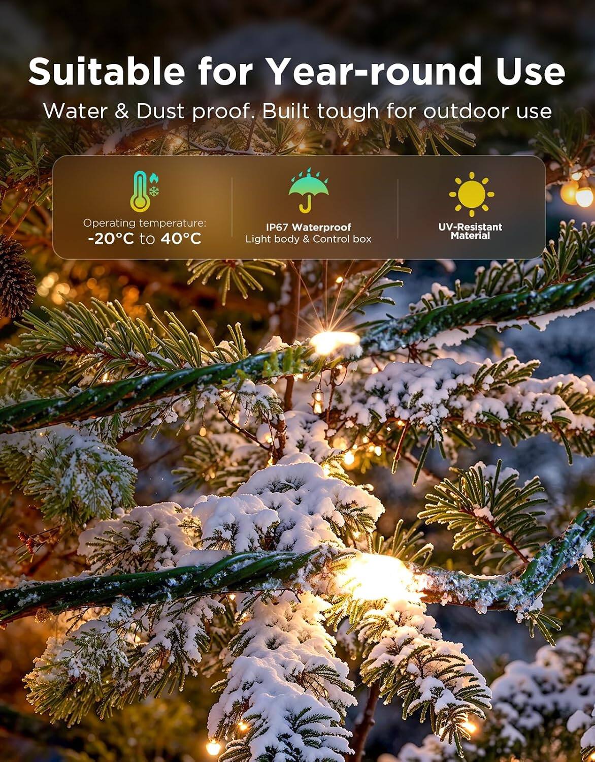 Suitable for Year-round Use  
Water & Dust proof. Built tough for outdoor use  

Operating temperature: -20°C to 40°C  
IP67 Waterproof Light body & Control box  
UV-Resistant Material