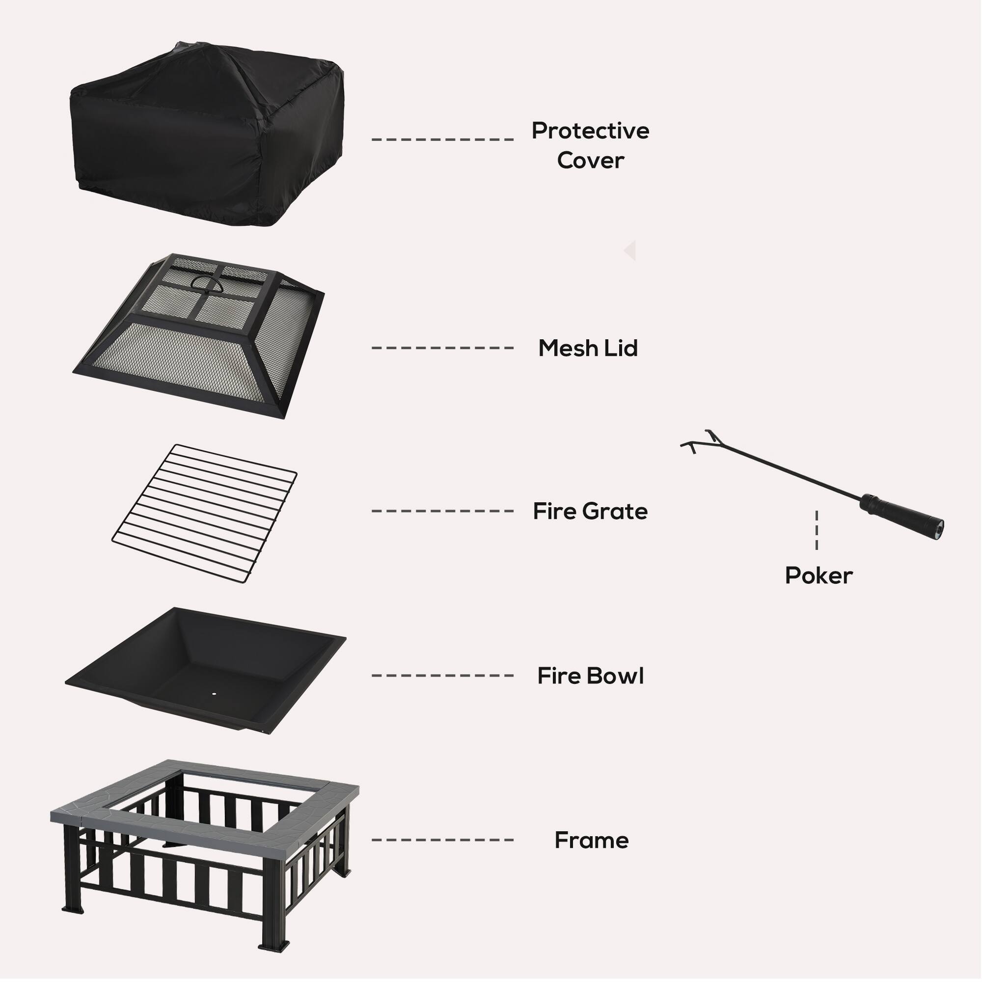 - Protective Cover
- Mesh Lid
- Fire Grate
- Fire Bowl
- Frame
- Poker