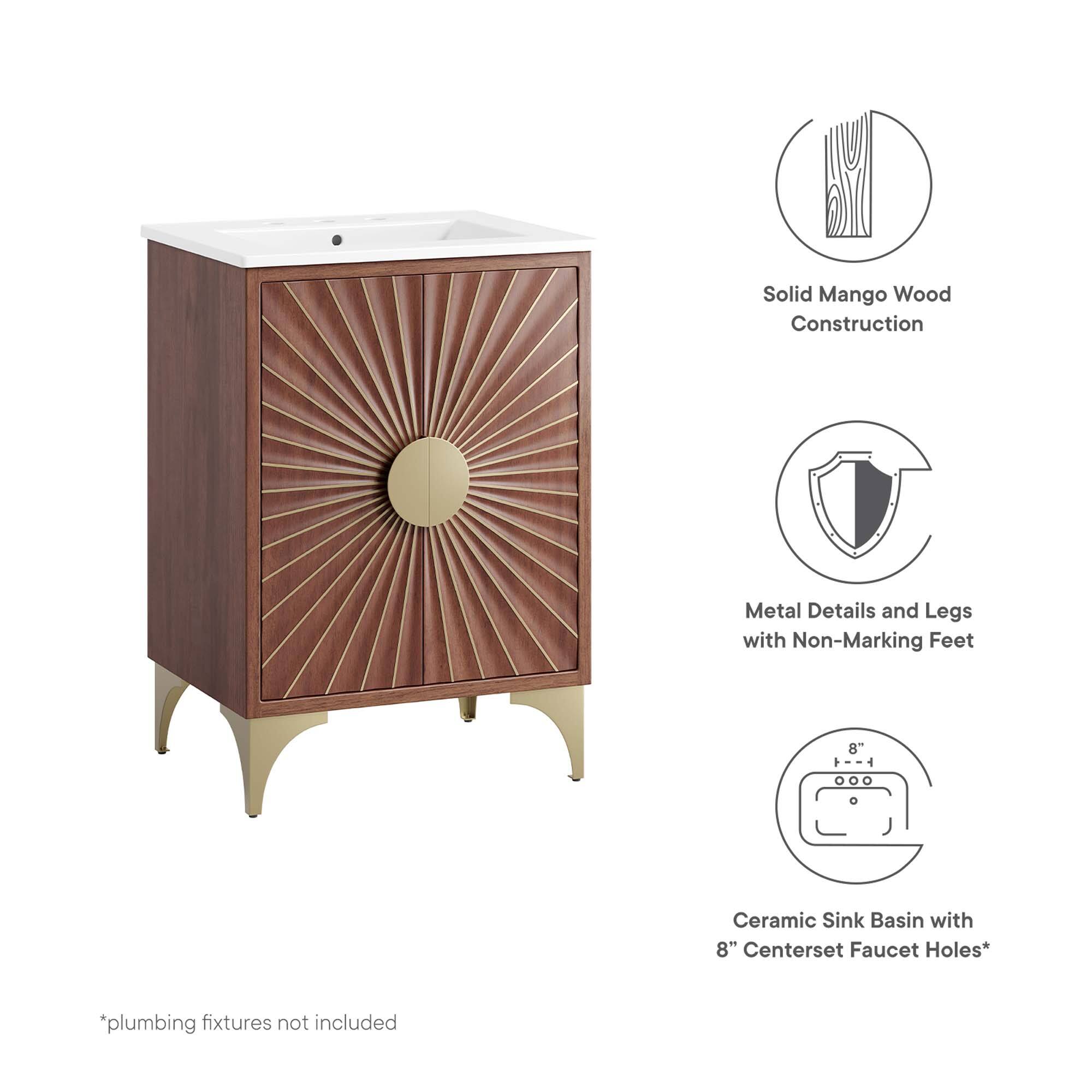Solid Mango Wood Construction  
Metal Details and Legs with Non-Marking Feet  
8" Ceramic Sink Basin with 8" Centerset Faucet Holes*  
*plumbing fixtures not included