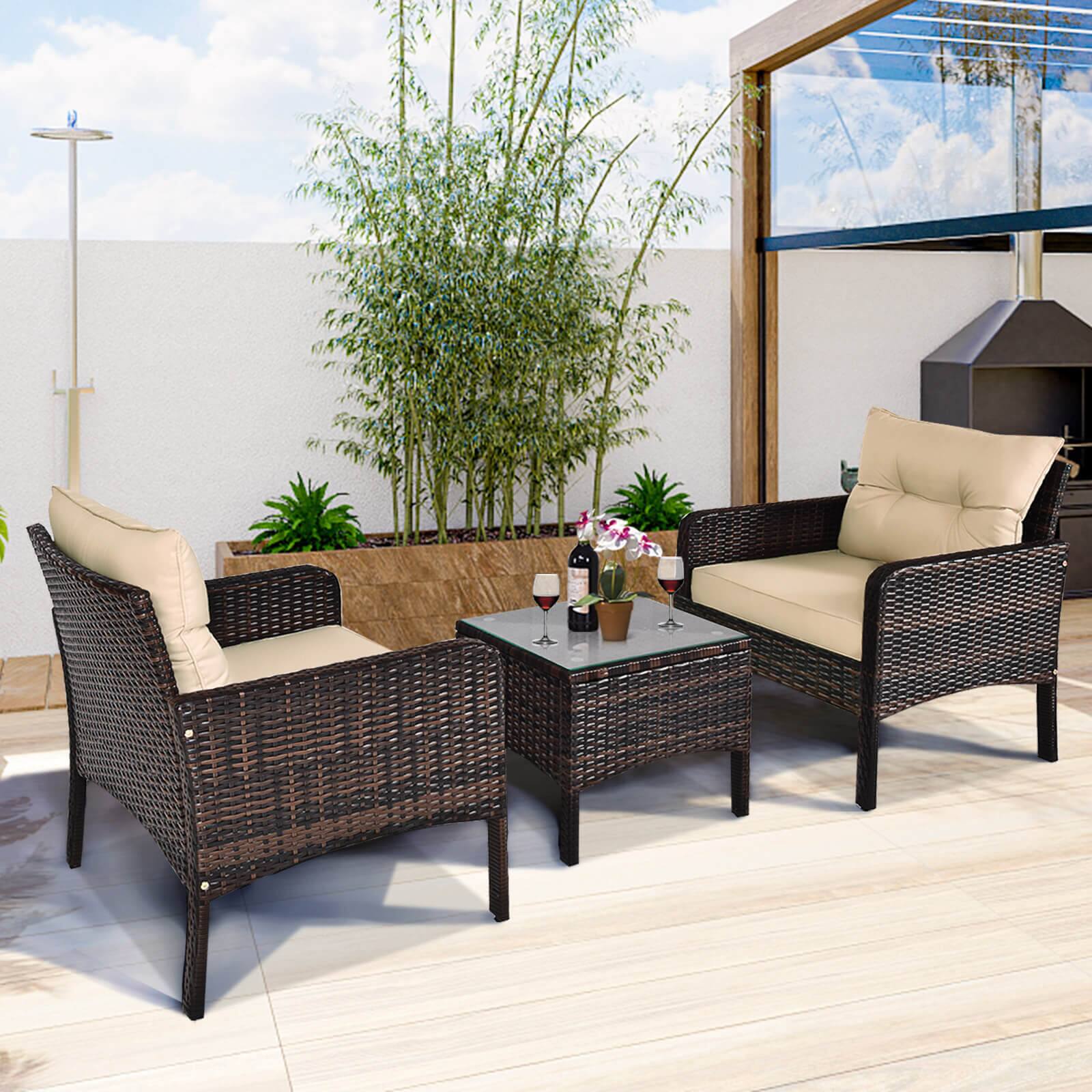 Alt View 3. Costway - Costway 3 PCS Patio PE Wicker Furniture Set with Cushions and Tempered Glass Coffee Table - Brown.