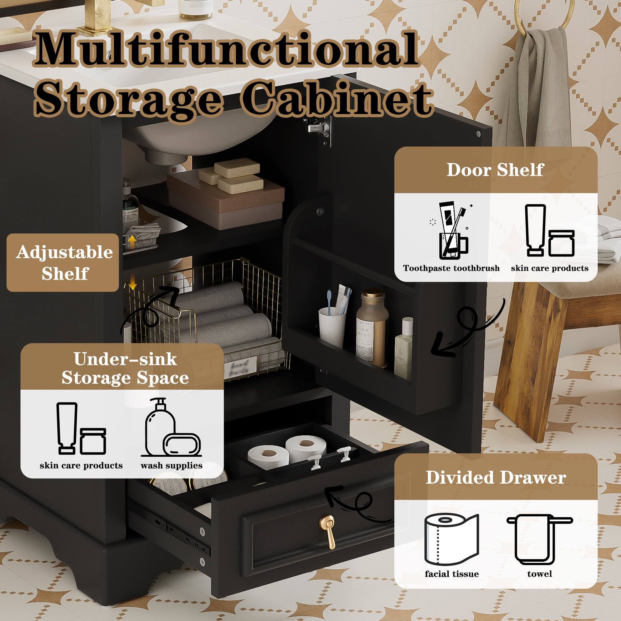 Multifunctional Storage Cabinet

Adjustable Shelf

Door Shelf
- Toothpaste toothbrush
- skin care products

Under-sink Storage Space
- skin care products
- wash supplies

Divided Drawer
- facial tissue
- towel