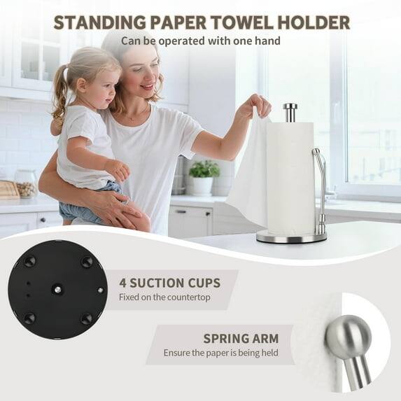 STANDING PAPER TOWEL HOLDER  
Can be operated with one hand

4 SUCTION CUPS  
Fixed on the countertop

SPRING ARM  
Ensure the paper is being held