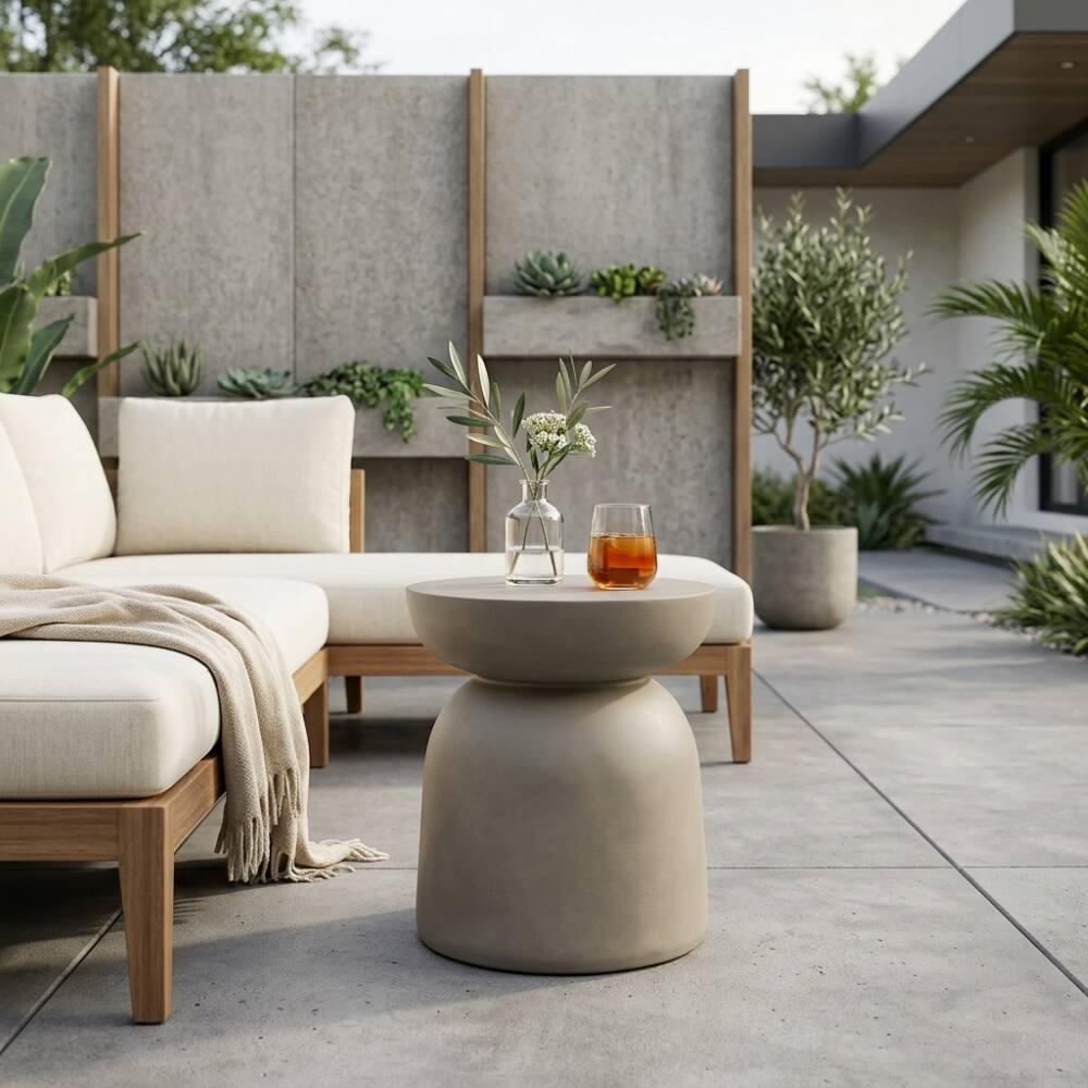 Loheer Outdoor Side Table Light Grey Round Drum Accent Table Light Gray ...