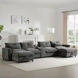 Boyel Living - Modular Sectional Sofa Pull-line&Tufted Design USB Charger Movable Storage Ottoman Gray Chenille - Gray