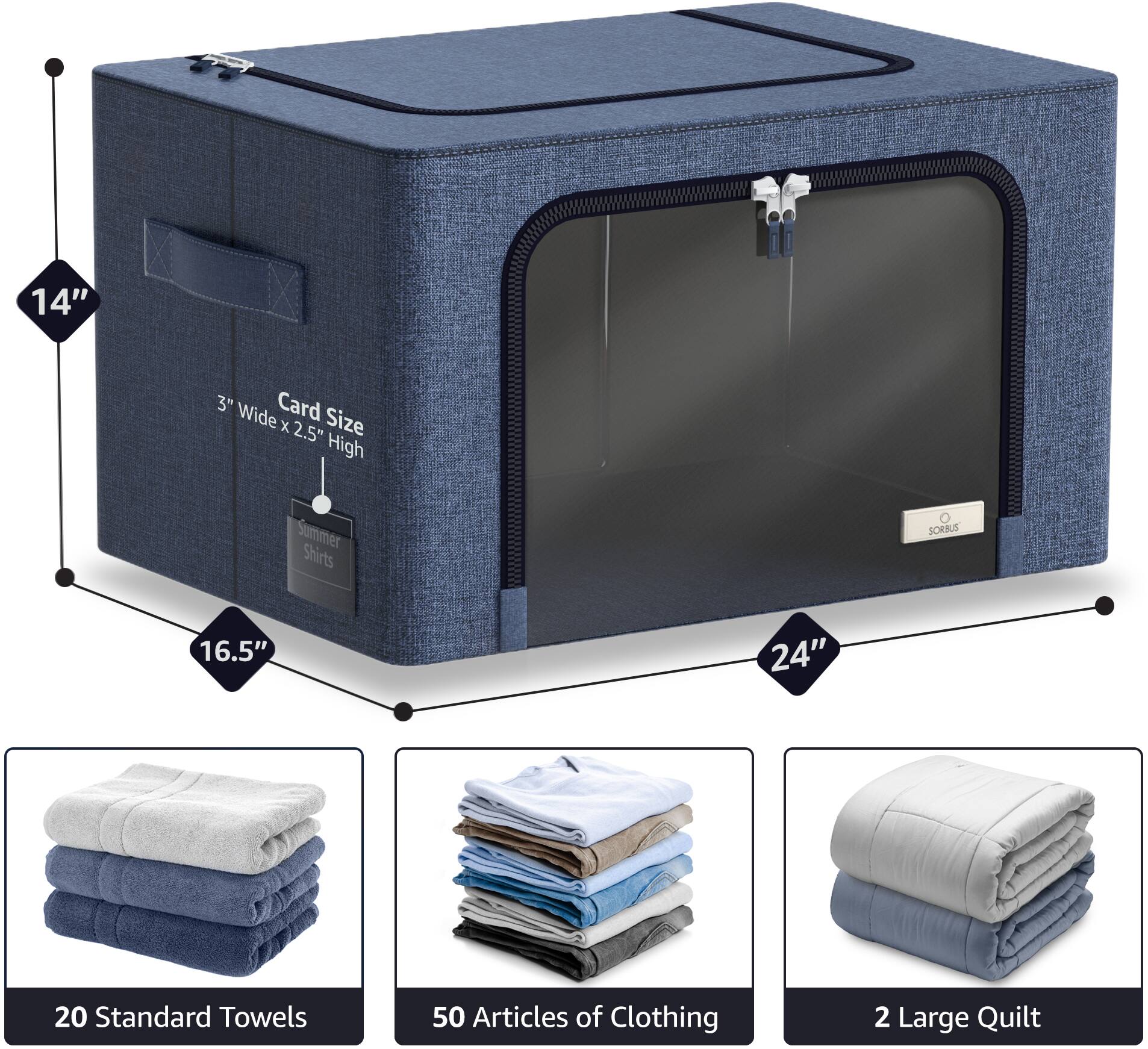 - **Card Size:** 3" Wide x 2.5" High
- **Dimensions:** 14" x 16.5" x 24"
- **Contents:**
  - 20 Standard Towels
  - 50 Articles of Clothing
  - 2 Large Quilt
- **Label:** Summer Shirts
- **Brand:** SORBUS