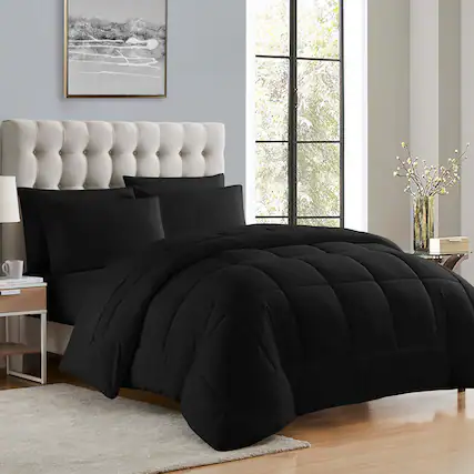 Front. Sweet Home Collection - All Season Reversible Bed-in-A-Bag Solid Color Comforter & Sheet Set, Full - Black.