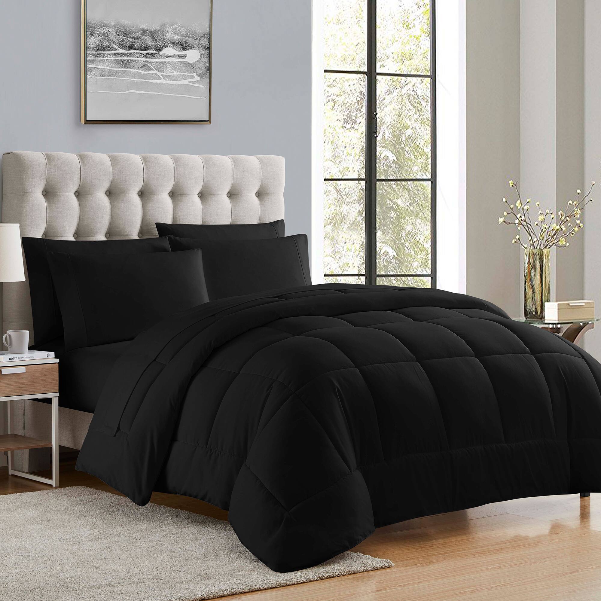 Front. Sweet Home Collection - All Season Reversible Bed-in-A-Bag Solid Color Comforter & Sheet Set, King - Black.