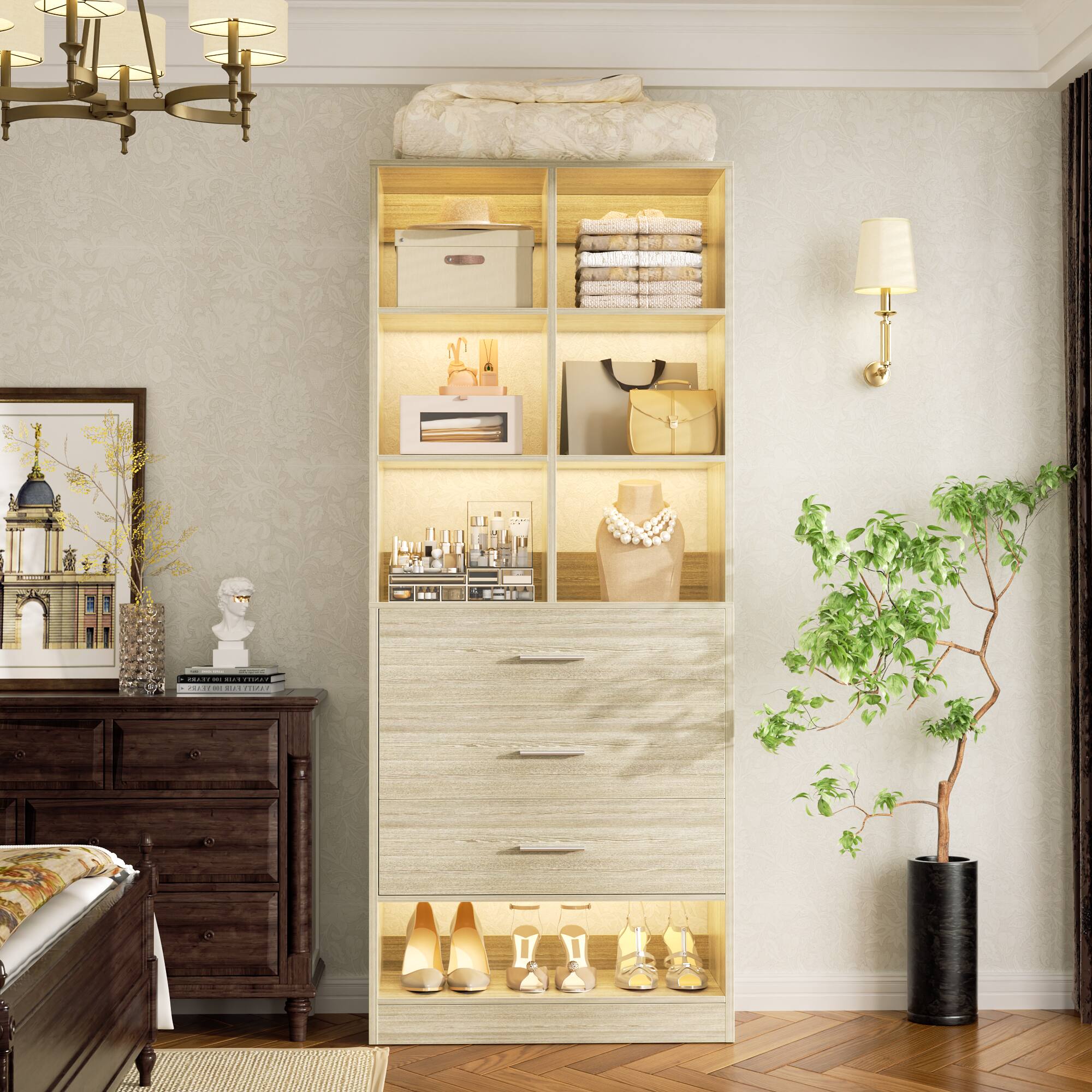 Alt View 4. Aheaplus - 7.9 FT Modular Wardrobe System 4-Piece Set with 12 Drawers & 24 Cube Storage, Large Walk-in Closet Organizer Unit - Beige Oak.