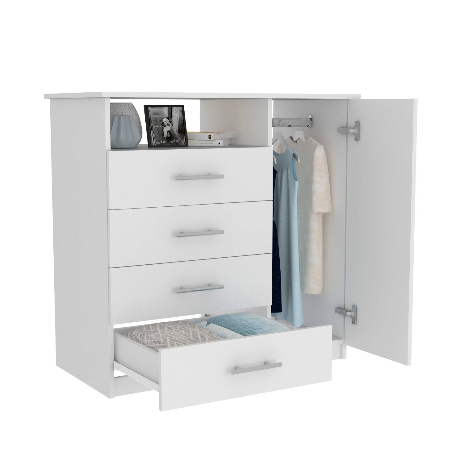 Alt View 3. TuHome - Peru 4 Drawer Dresser, Single Door Cabinet, One Open Shelf, Superior Top - White.
