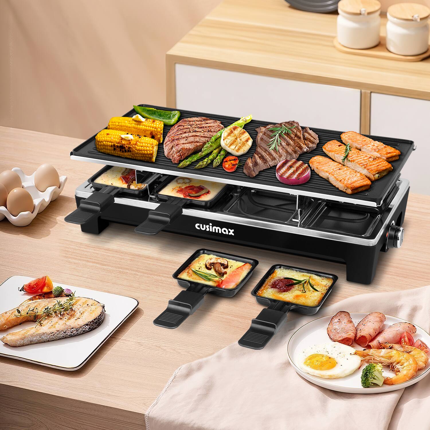 Angle. Cusimax - 2 In 1 Electric Portable Griddles With 8 Chese Melt Pan Dual Side Non Stick Plate Temper Control Crepe Maker - Black.