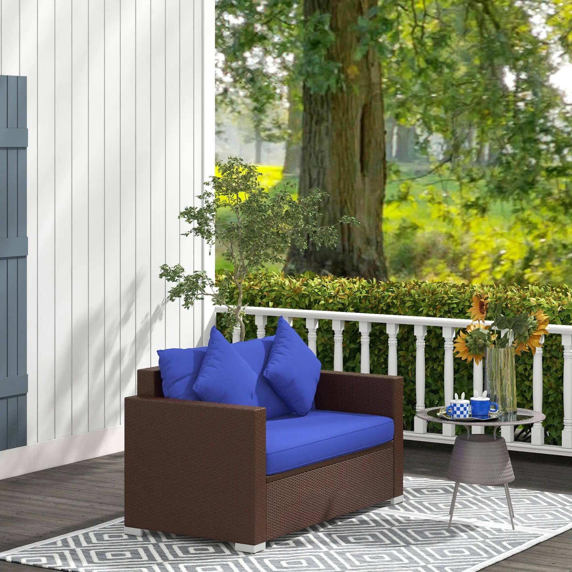 Left. Resenkos - Resenkos Loveseat Sofa, Outdoor Sectional Furniture, PE Rattan, Blue - Blue.