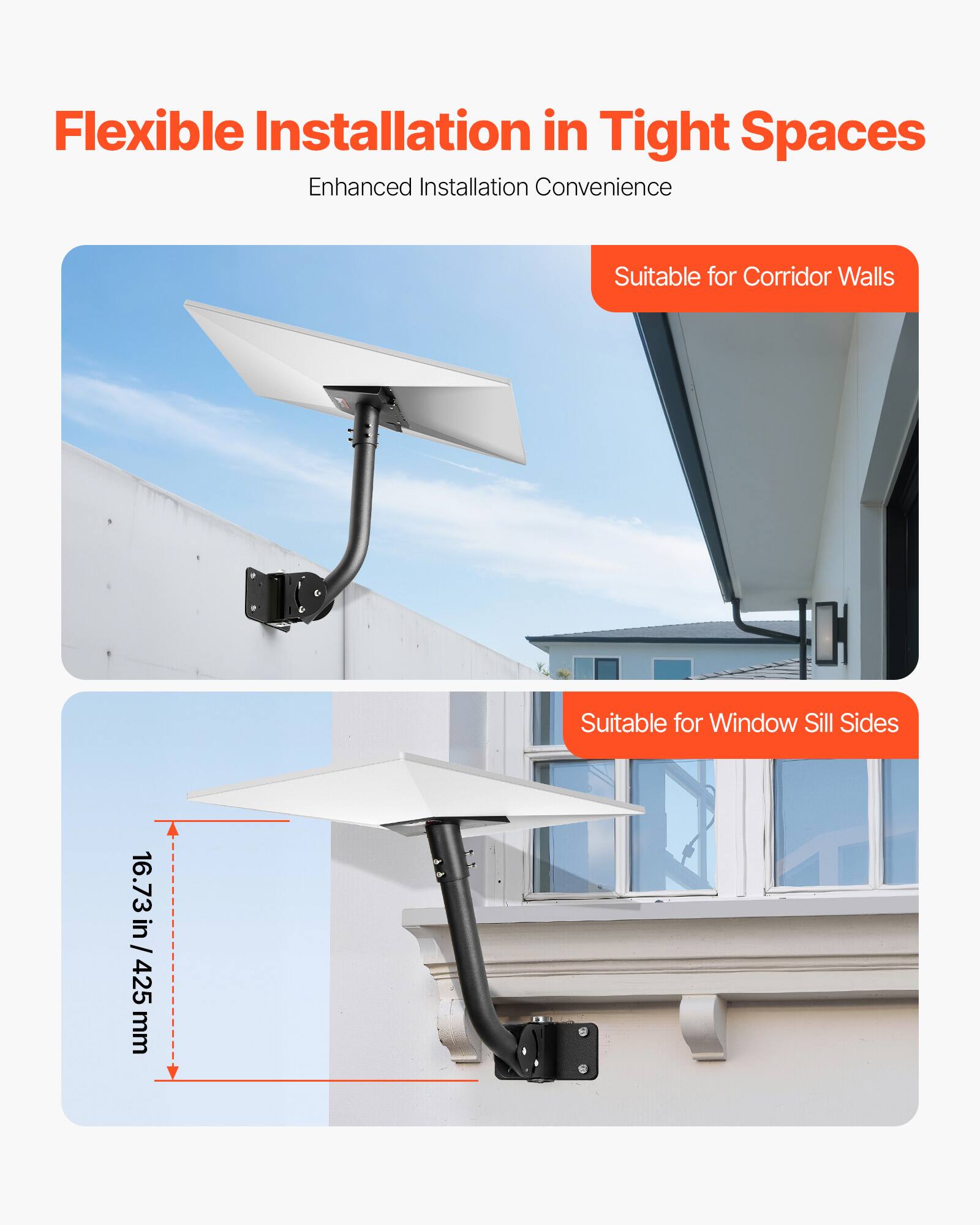 Flexible Installation in Tight Spaces, Enhanced Installation Convenience, Suitable for Corridor Walls, Suitable for Window Sill Sides, 16.73 in/ 425 mm
