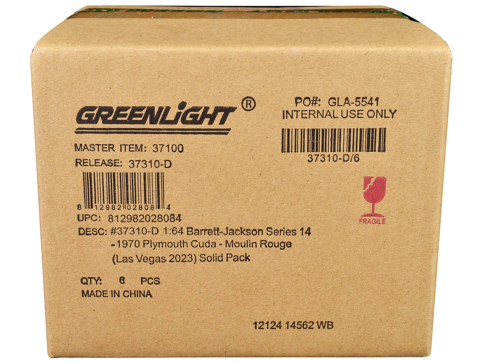 PO#: GLA-5541  
INTERNAL USE ONLY  

GREENLIGHT  
MASTER ITEM: 37100  
RELEASE: 37310-D  

UPC: 812982028084  
DESC: #37310-D 1:64 Barrett-Jackson Series 14 -1970 Plymouth Cuda - Moulin Rouge (Las Vegas 2023) Solid Pack  

QTY: 6 PCS  
MADE IN CHINA  

FRAGILE  

12124 14562 WB