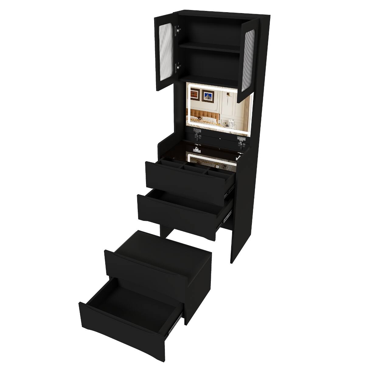 Alt View 8. Loheer - Loheer 3-in-1 Vanity Table with LED Mirror, Black Flip-Top Bedroom Storage and Cushioned Stool - Black.