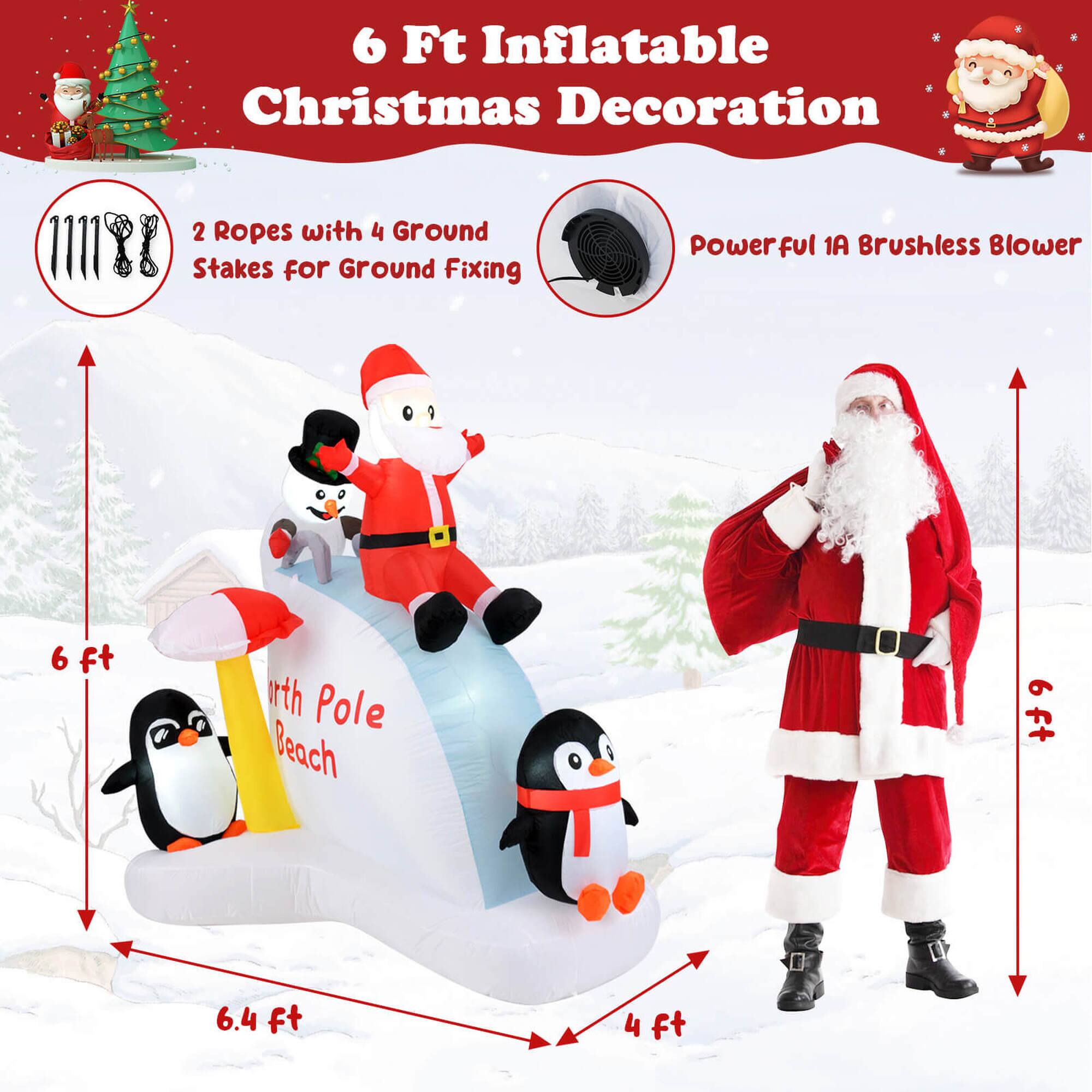 6 Ft Inflatable Christmas Decoration with 2 Ropes and 4 Ground Stakes for Ground Fixing. Powerful 1A Brushless Blower. 6 ft with Pole Beach. Dimensions: 6 ft, 6.4 ft, 4 ft.