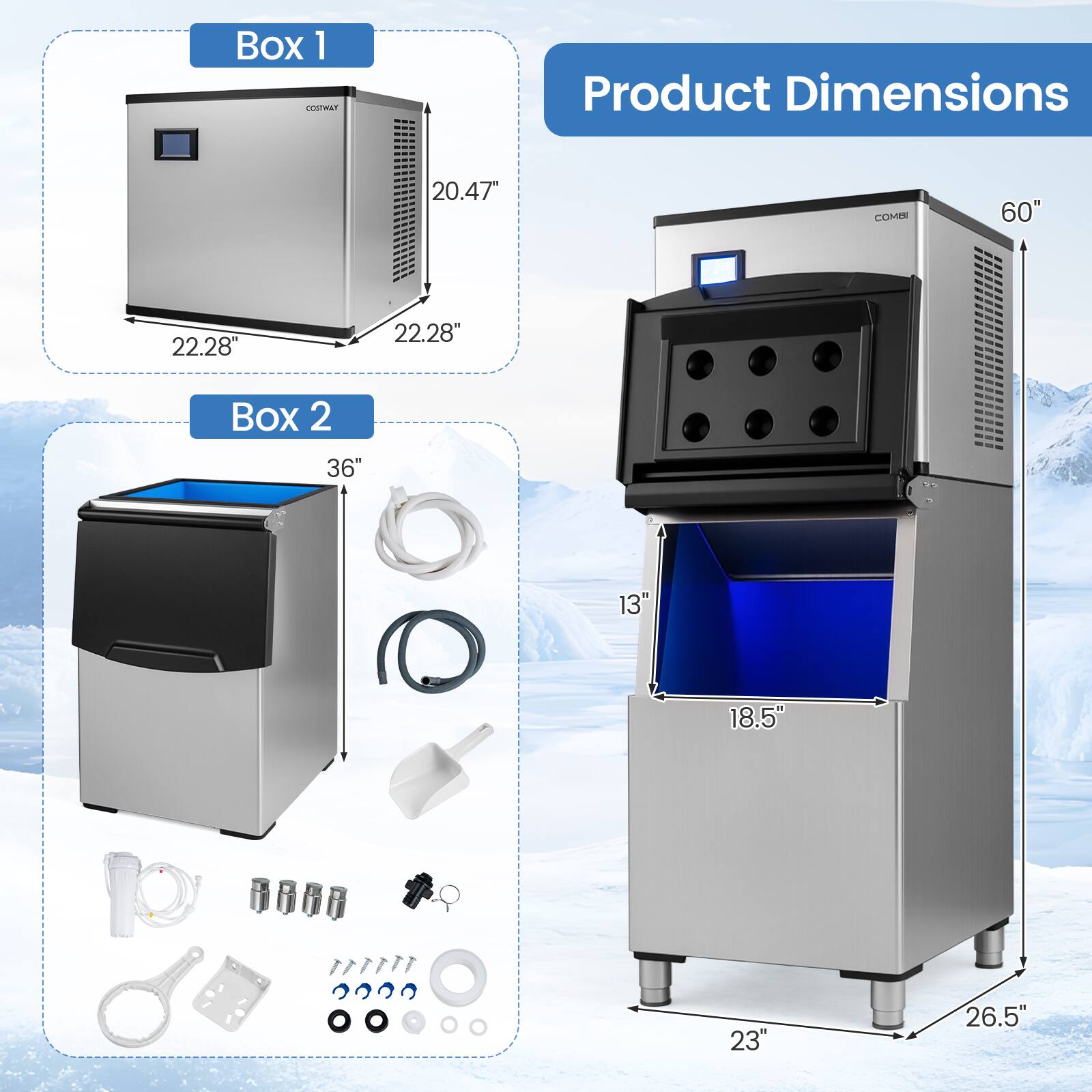 Box 1  
Product Dimensions: 20.47" x 22.28" x 22.28"  

Box 2  
Product Dimensions: 36" x 13" x 18.5" x 23" x 26.5"