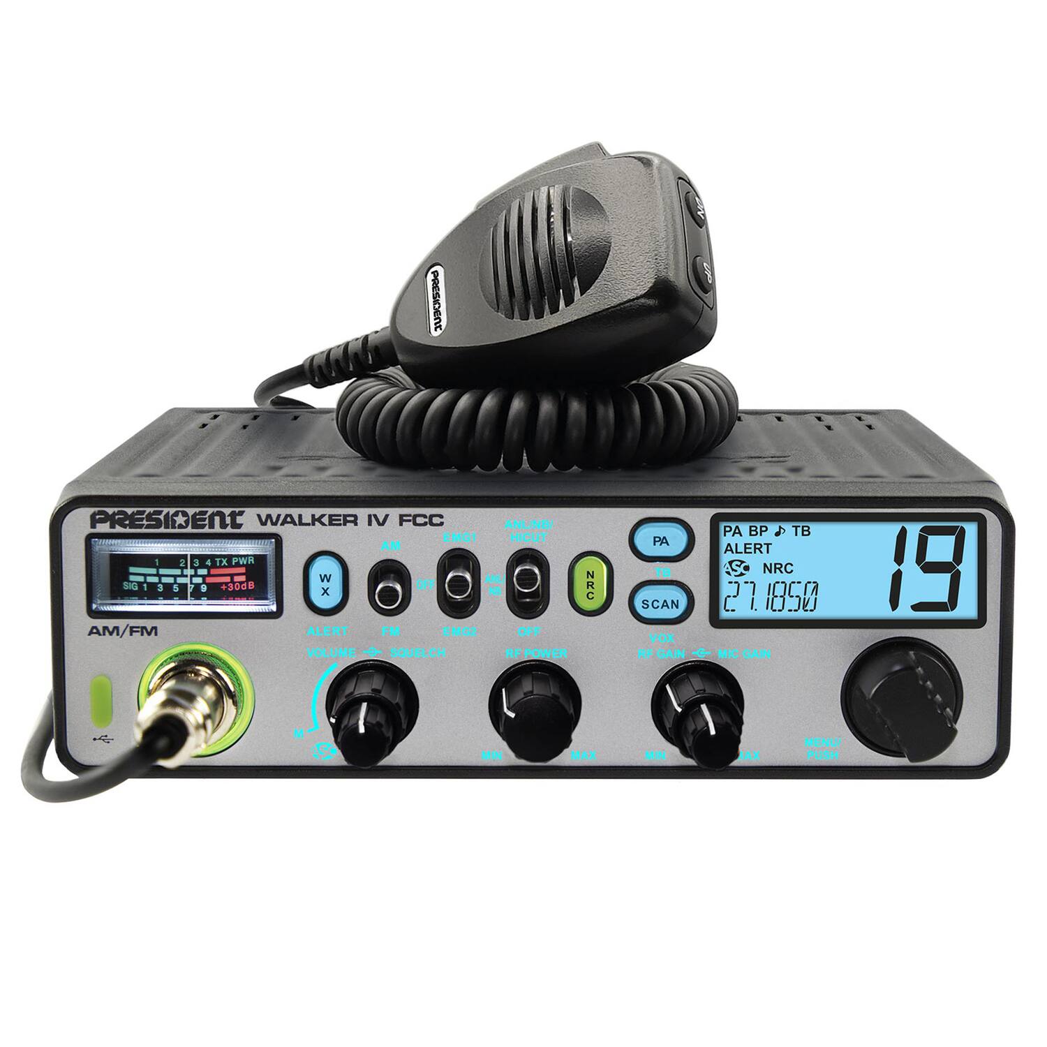 PRESIDENT WALKER IV FCC

ANL/NB EMG1 HICUT AM - 1 a 4 TX PWR W ANT S - - a +3068 OFF NRC X N AM/FM ALERT FM EMG2 OFF VOLUME - SQUELCH RF POWER PA BP S TB PA ALERT TB ASC NRC SCAN 27.1850 VOX REGAIN - MIC GAIN 19 MIN MAX MIN JAX MENU PUSH