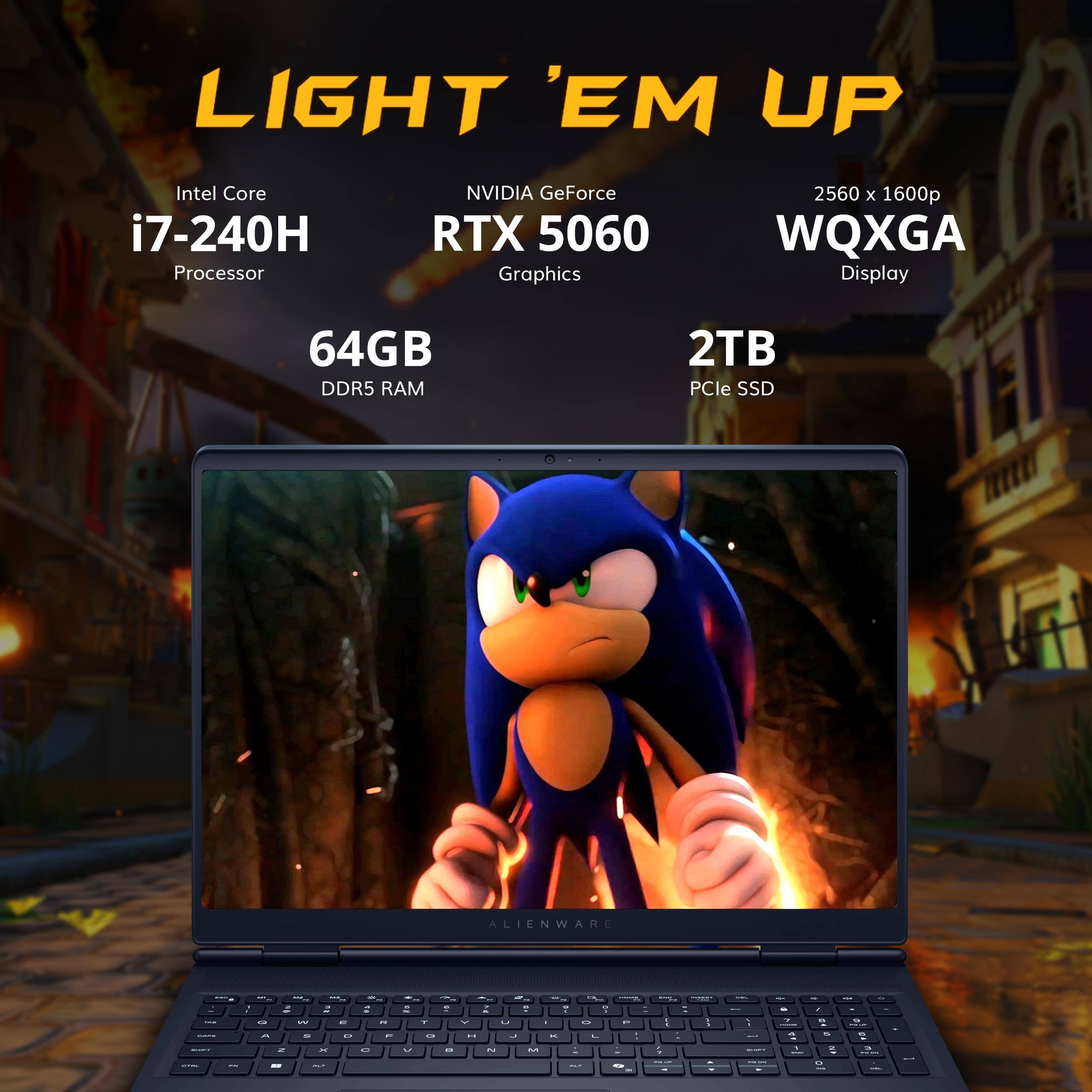 LIGHT 'EM UP

Intel Core i7-240H Processor  
NVIDIA GeForce RTX 5060 Graphics  
2560 x 1600p WQXGA Display  
64GB DDR5 RAM  
2TB PCIe SSD