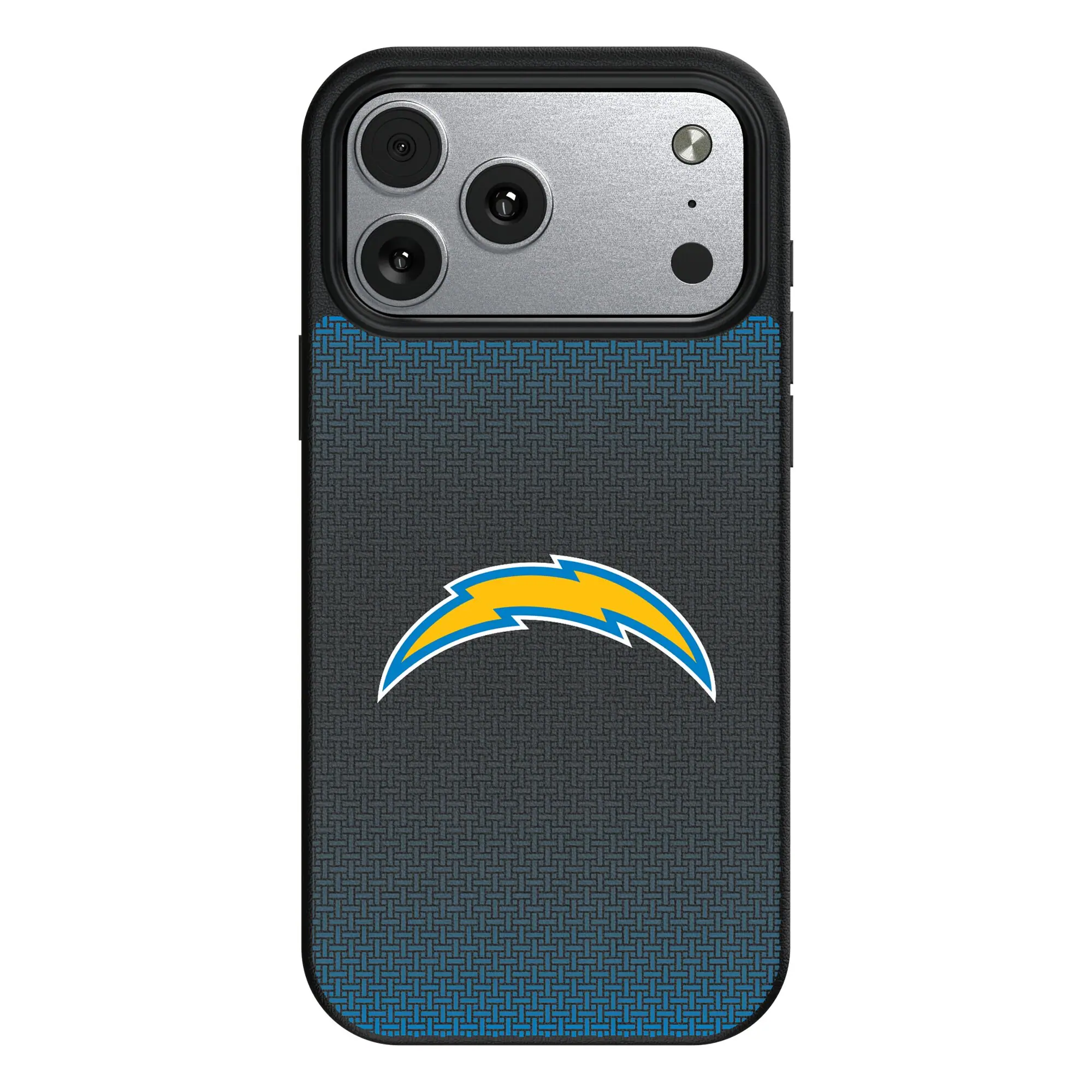 Front. Keyscaper - Los Angeles Chargers Linen Logo iPhone Magnetic Bump Case - 17 Pro Max - Black.