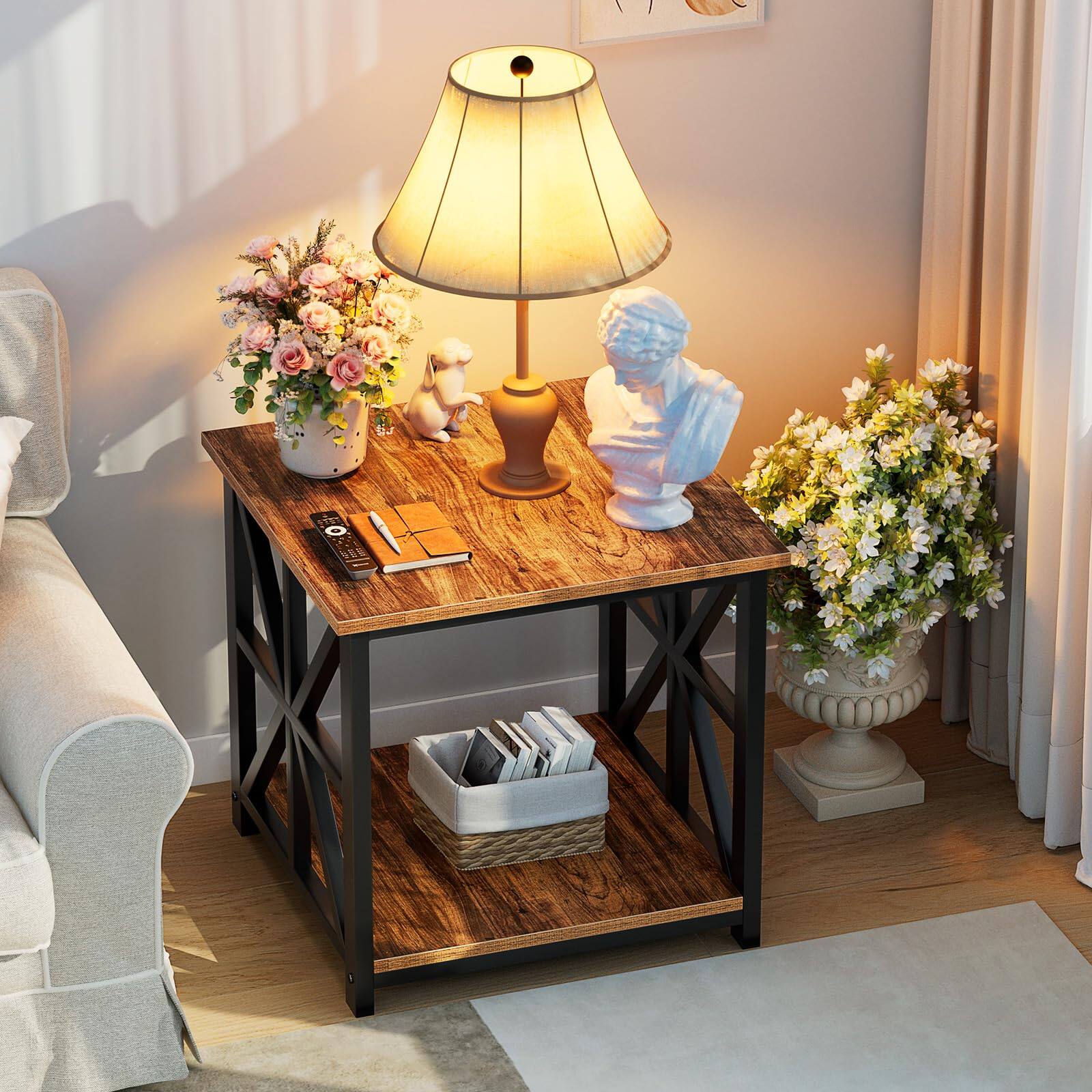 Alt View 5. PO3TICJUNKI3 - End Table With 2-tier Storage Shelf Side For Living Room Modern Nightstand Bedroom Bedside Office Farmhouse - Oak.